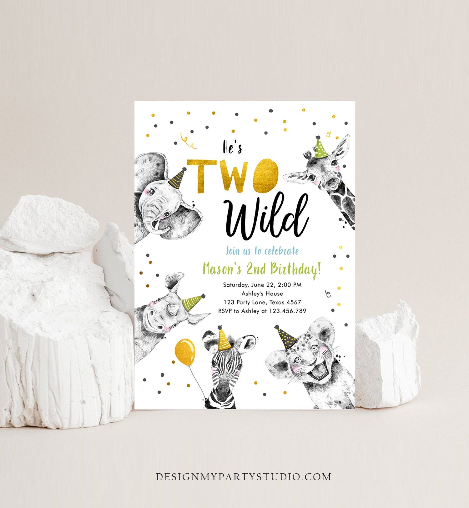 Editable Two Wild Birthday Invitation Safari Animals Party Animals Boy Green Gold Second Birthday 2nd Digital Evite Template Printable 0390