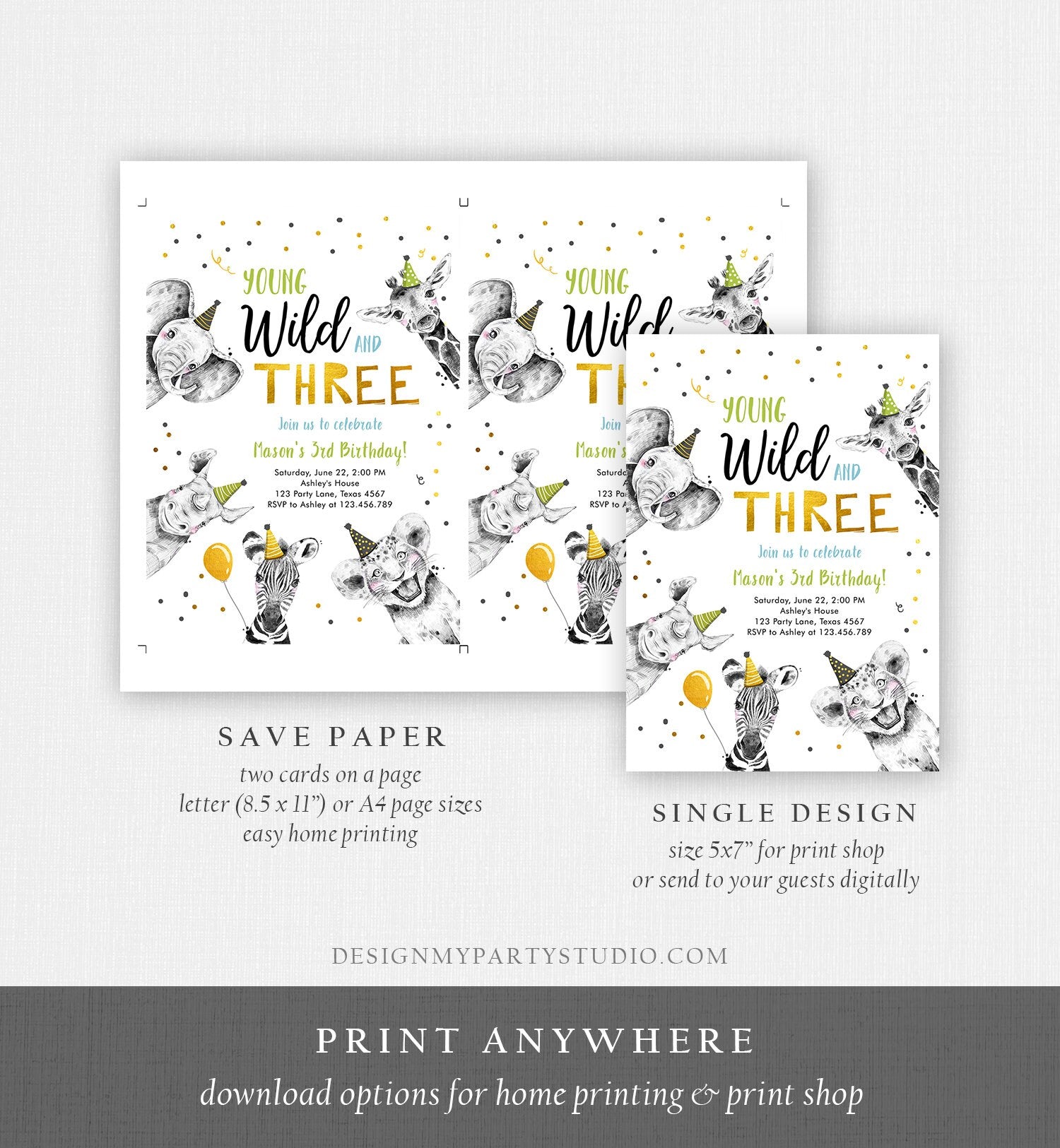 Editable Young Wild and Three Birthday Invitation Boy Green Gold Third 3rd Safari Animals Digital Download Evite Template Printable 0390