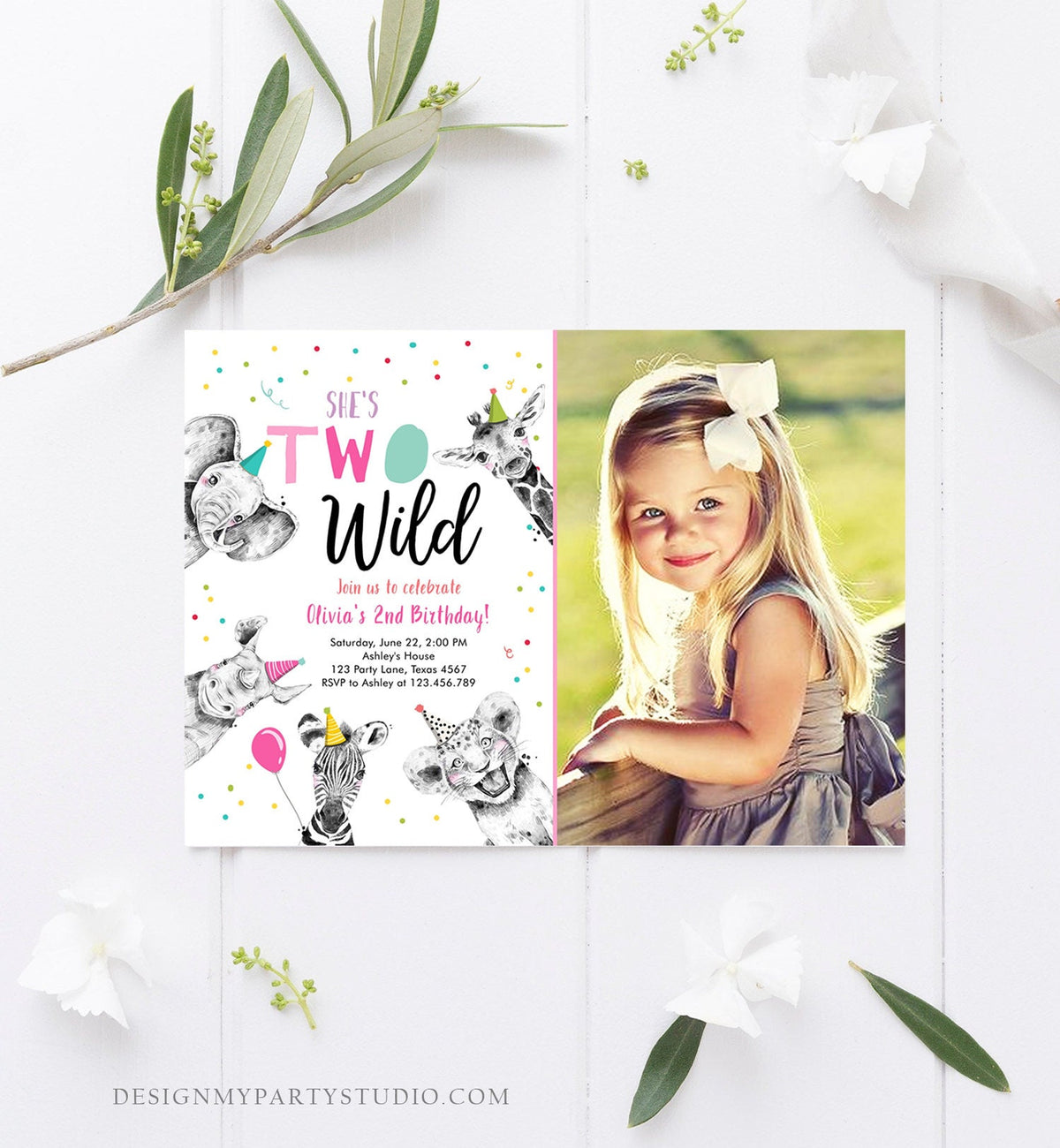 Editable Two Wild Birthday Invitation Safari Animals Party Animals Girl Pink Gold Second Birthday 2nd Digital Template Printable 0390
