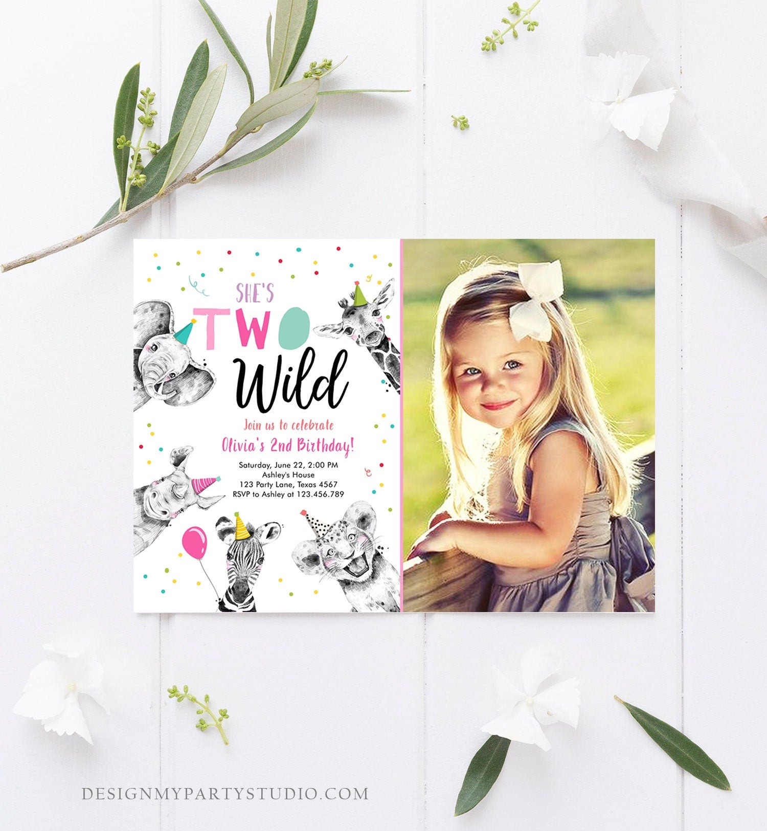 Editable Two Wild Birthday Invitation Safari Animals Party Animals Girl Pink Gold Second Birthday 2nd Digital Template Printable 0390