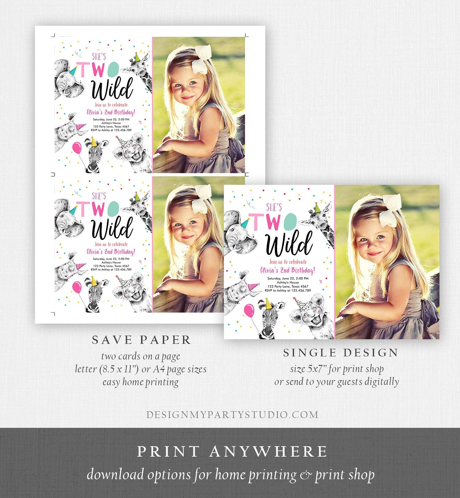 Editable Two Wild Birthday Invitation Safari Animals Party Animals Girl Pink Gold Second Birthday 2nd Digital Template Printable 0390
