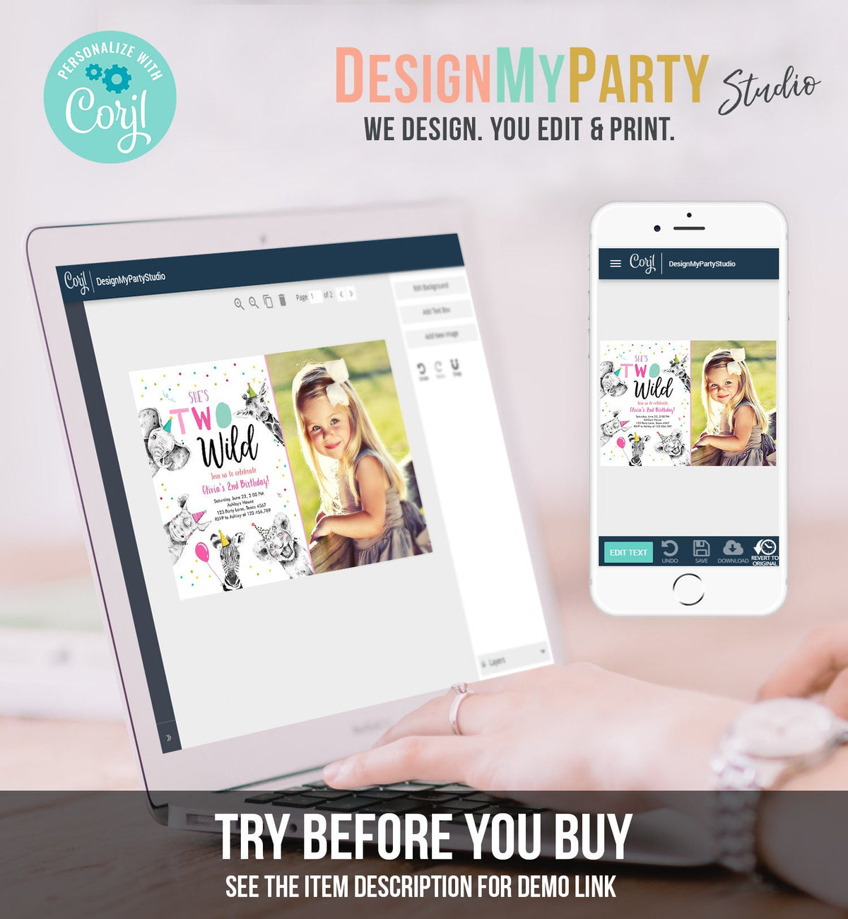 Editable Two Wild Birthday Invitation Safari Animals Party Animals Girl Pink Gold Second Birthday 2nd Digital Template Printable 0390