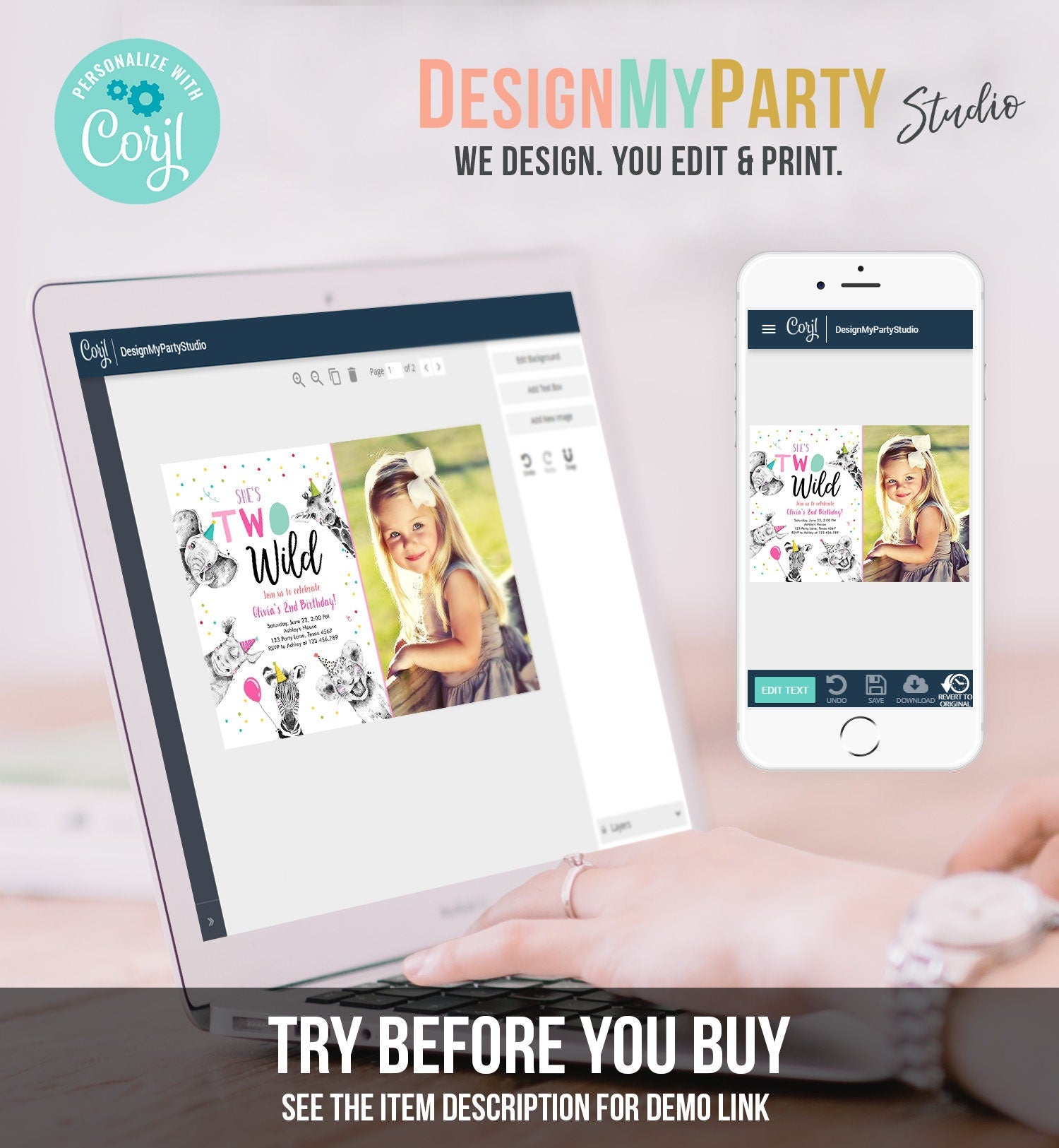 Editable Two Wild Birthday Invitation Safari Animals Party Animals Girl Pink Gold Second Birthday 2nd Digital Template Printable 0390