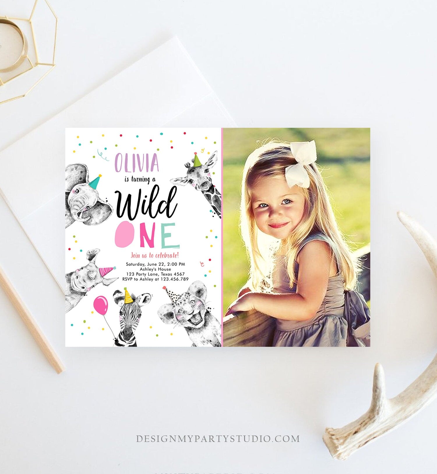 Editable Wild One Birthday Invitation Safari Animals Party Animals Girl Pink Gold First Birthday 1st Digital Template Printable 0390