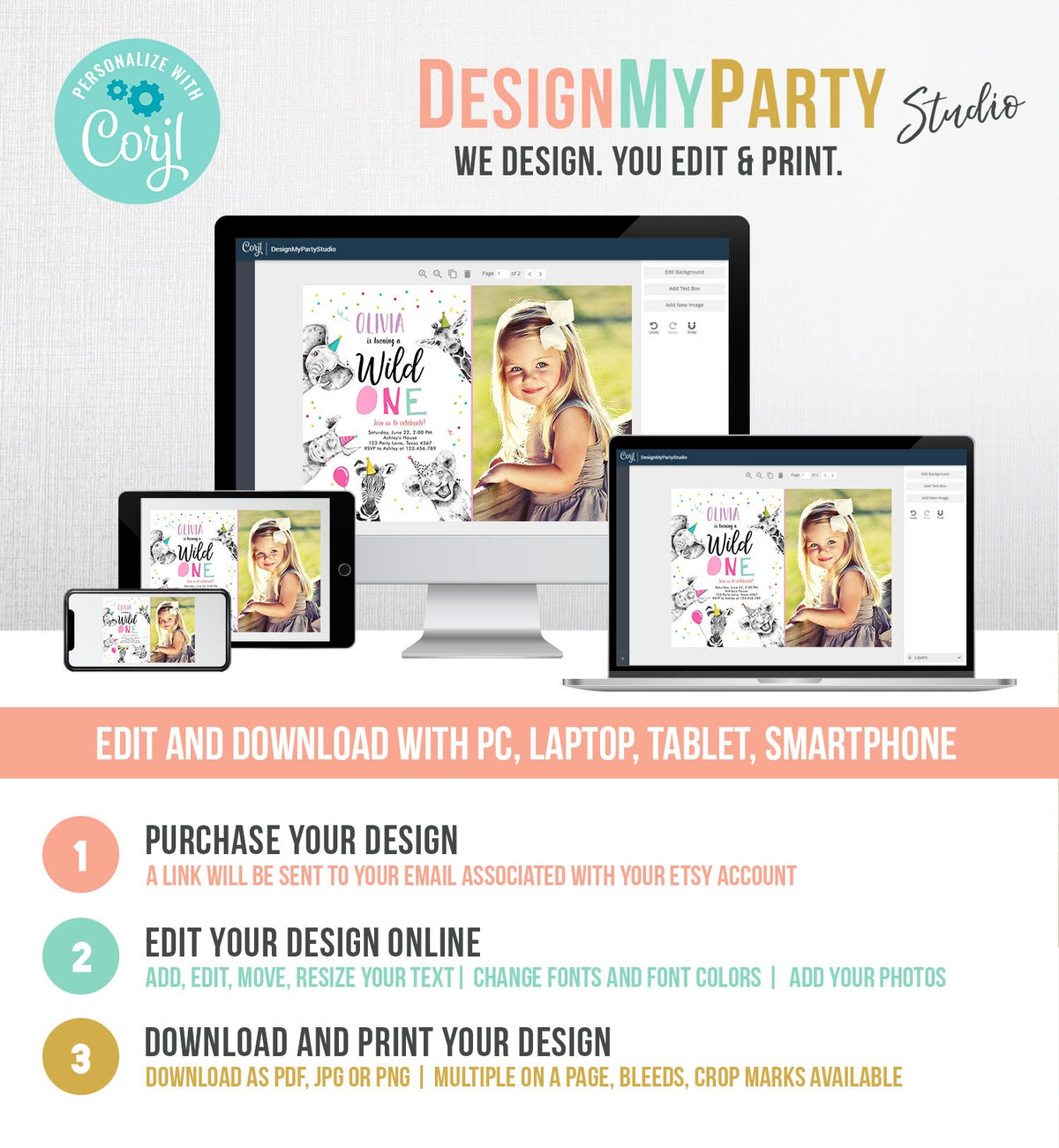 Editable Wild One Birthday Invitation Safari Animals Party Animals Girl Pink Gold First Birthday 1st Digital Template Printable 0390