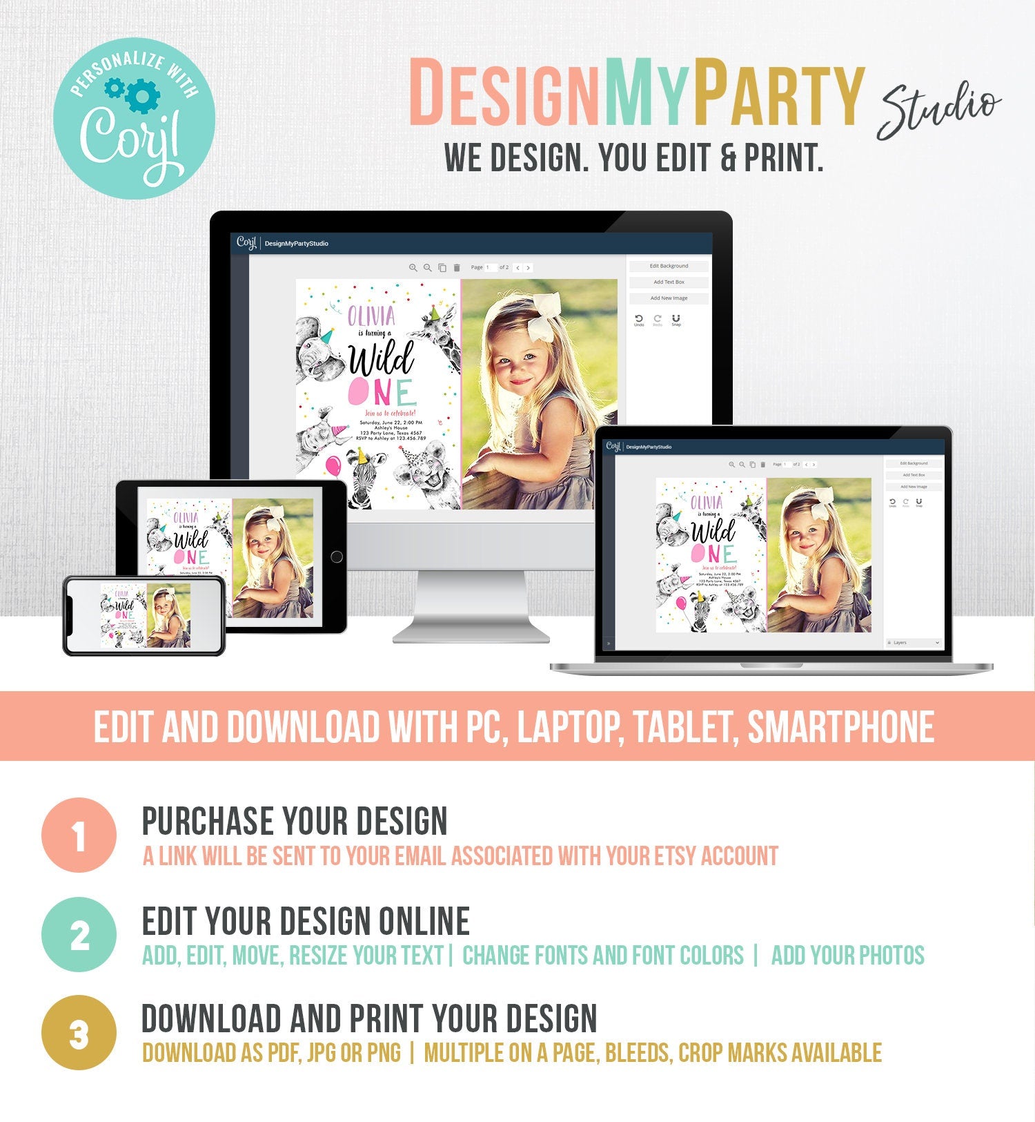 Editable Wild One Birthday Invitation Safari Animals Party Animals Girl Pink Gold First Birthday 1st Digital Template Printable 0390