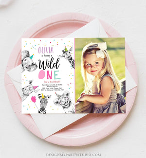 Editable Wild One Birthday Invitation Safari Animals Party Animals Girl Pink Gold First Birthday 1st Confetti Corjl Template Printable 0390