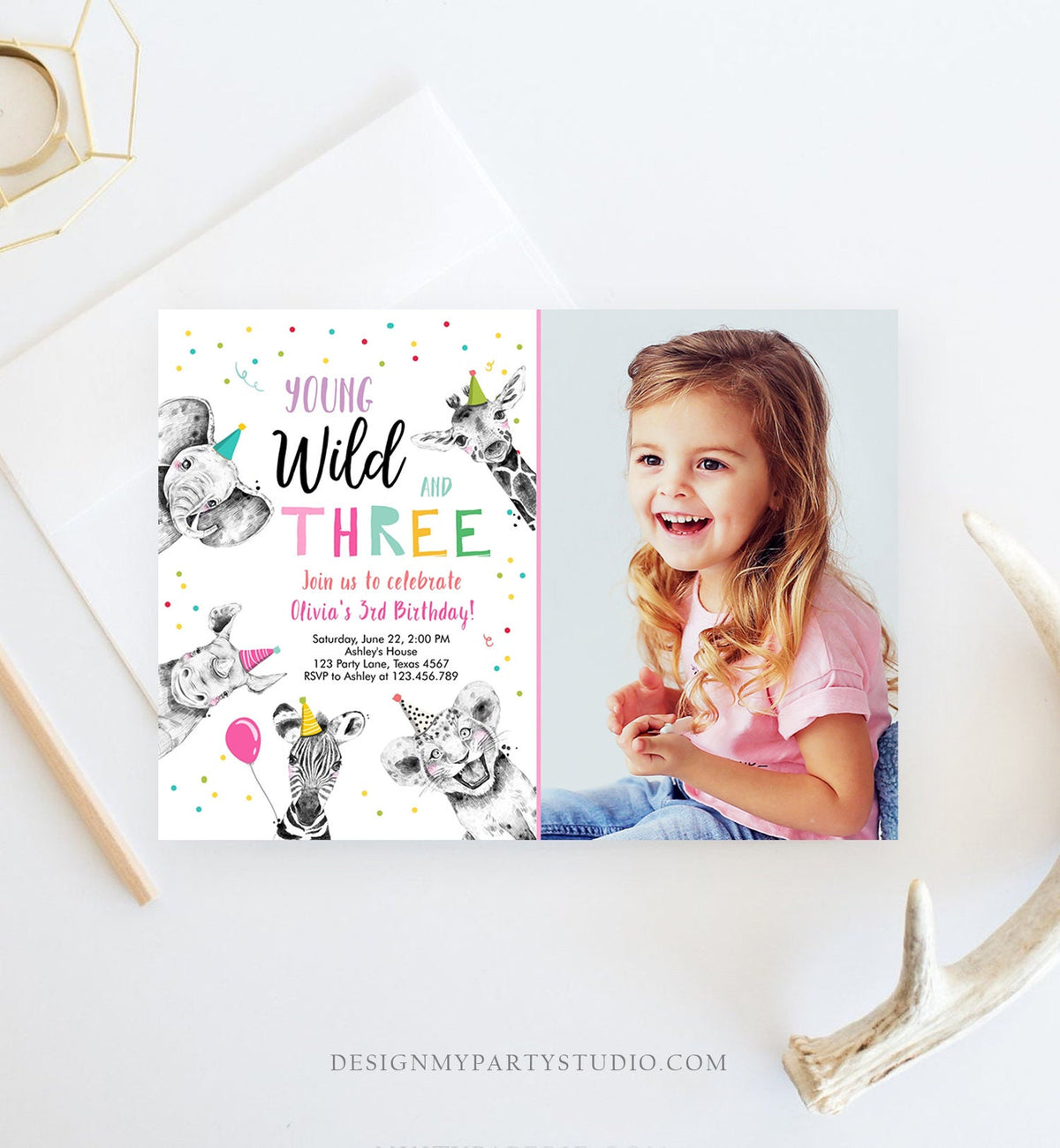 Editable Young Wild and Three Birthday Invitation Girl Pink and Gold Safari Party Animals Digital Download Evite Template Printable 0390