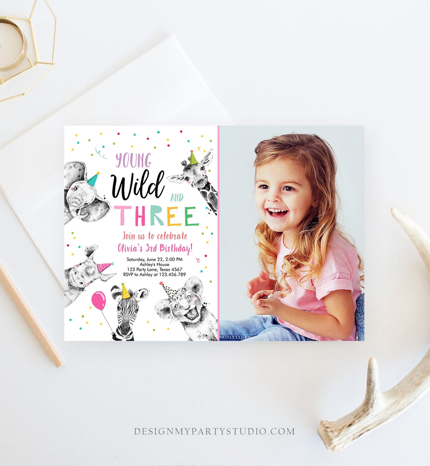 Editable Young Wild and Three Birthday Invitation Girl Pink and Gold Safari Party Animals Digital Download Evite Template Printable 0390