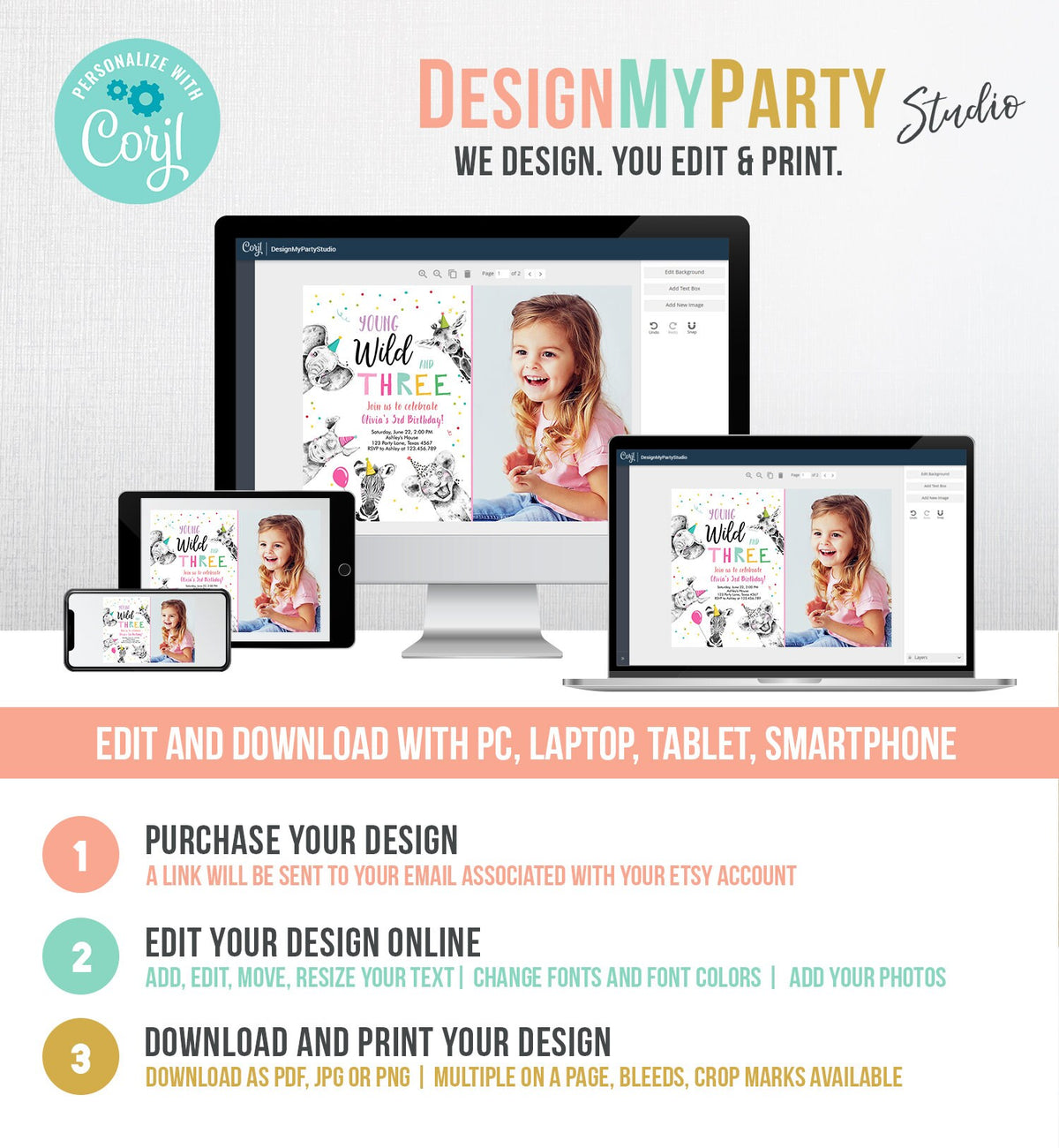 Editable Young Wild and Three Birthday Invitation Girl Pink and Gold Safari Party Animals Digital Download Evite Template Printable 0390