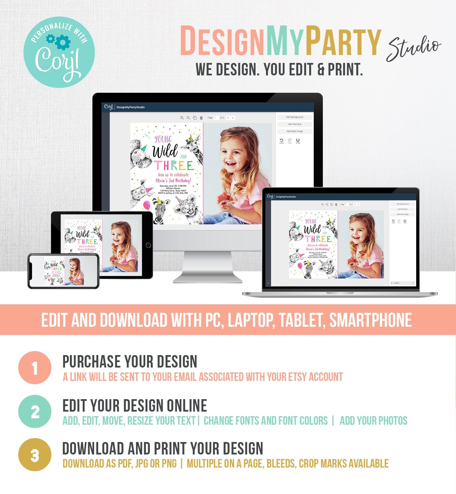 Editable Young Wild and Three Birthday Invitation Girl Pink and Gold Safari Party Animals Digital Download Evite Template Printable 0390