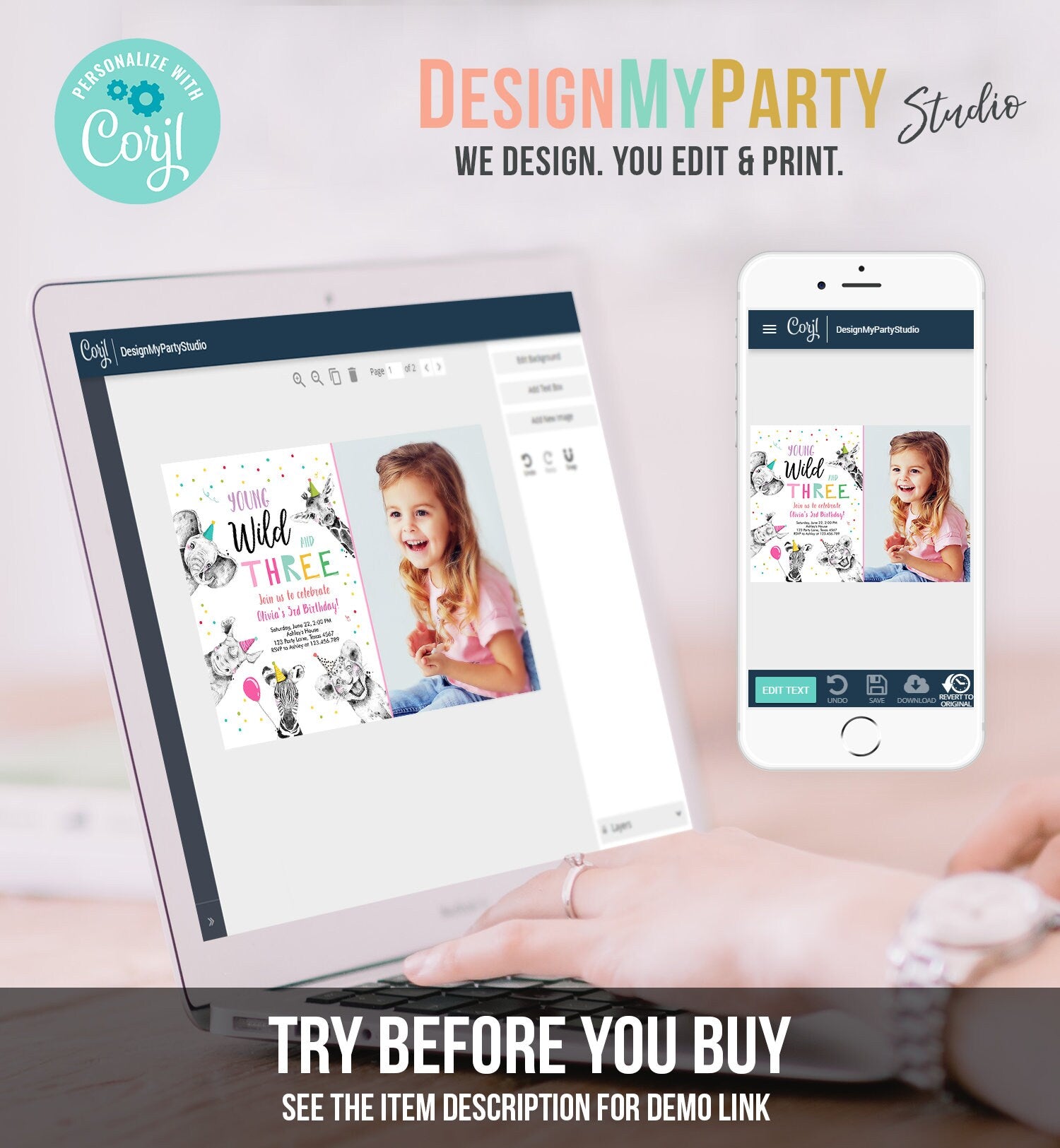 Editable Young Wild and Three Birthday Invitation Girl Pink and Gold Safari Party Animals Digital Download Evite Template Printable 0390