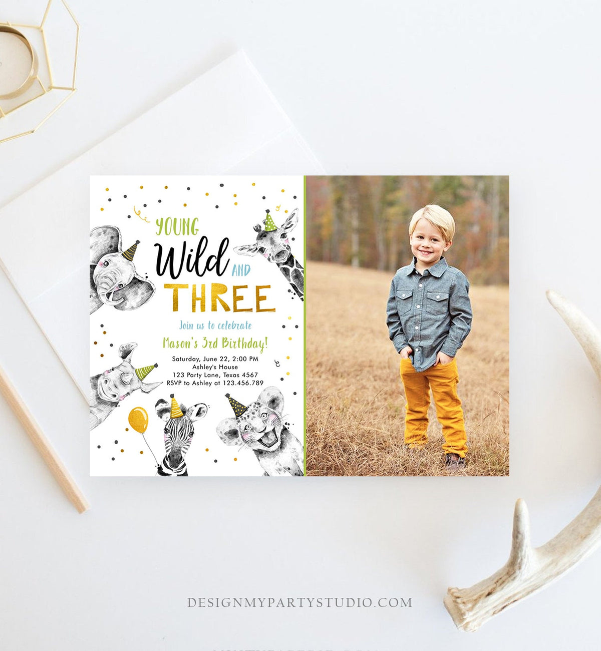 Editable Young Wild and Three Birthday Invitation Boy Green Gold Third 3rd Safari Animals Digital Download Evite Template Printable 0390