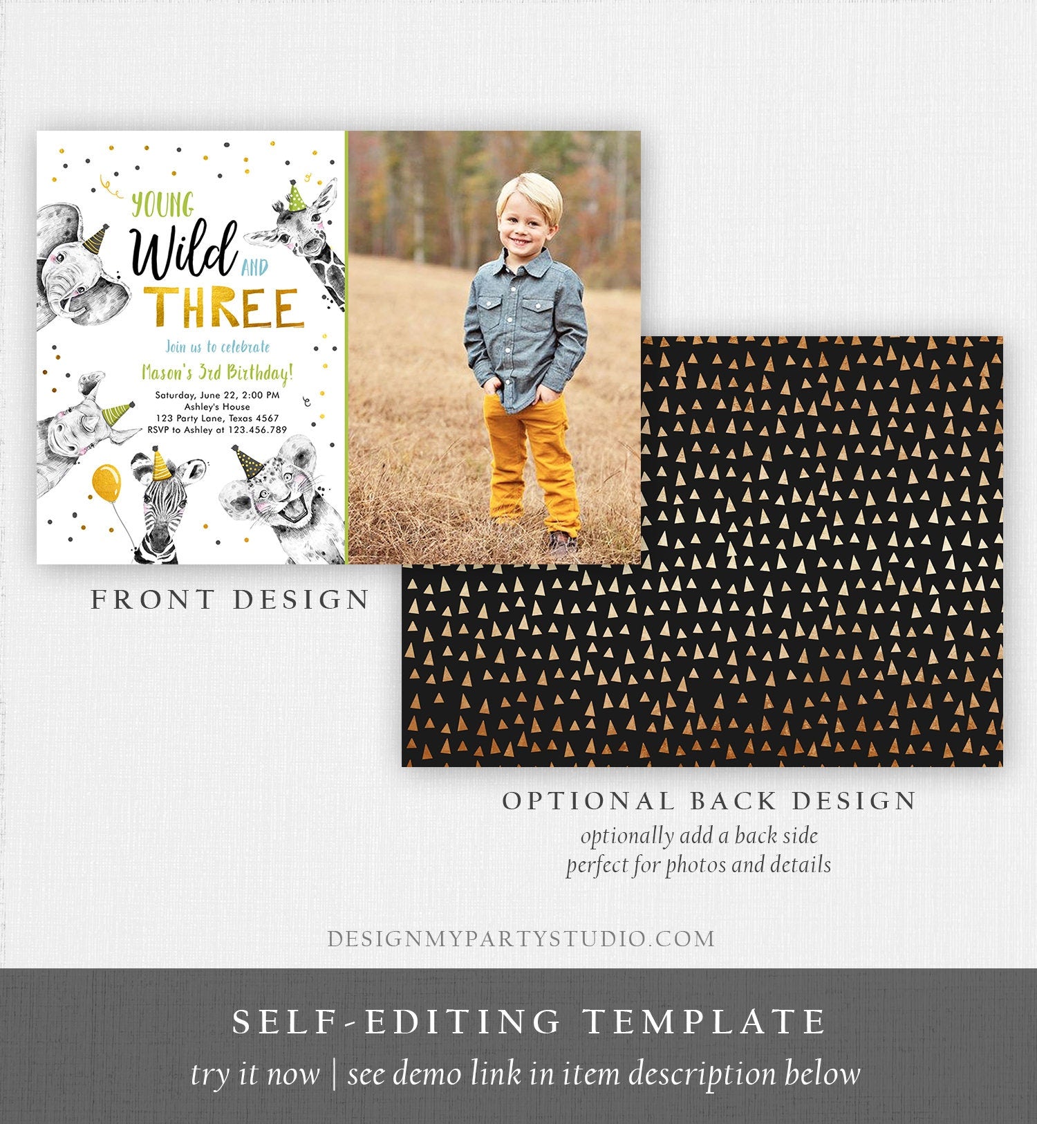 Editable Young Wild and Three Birthday Invitation Boy Green Gold Third 3rd Safari Animals Digital Download Evite Template Printable 0390