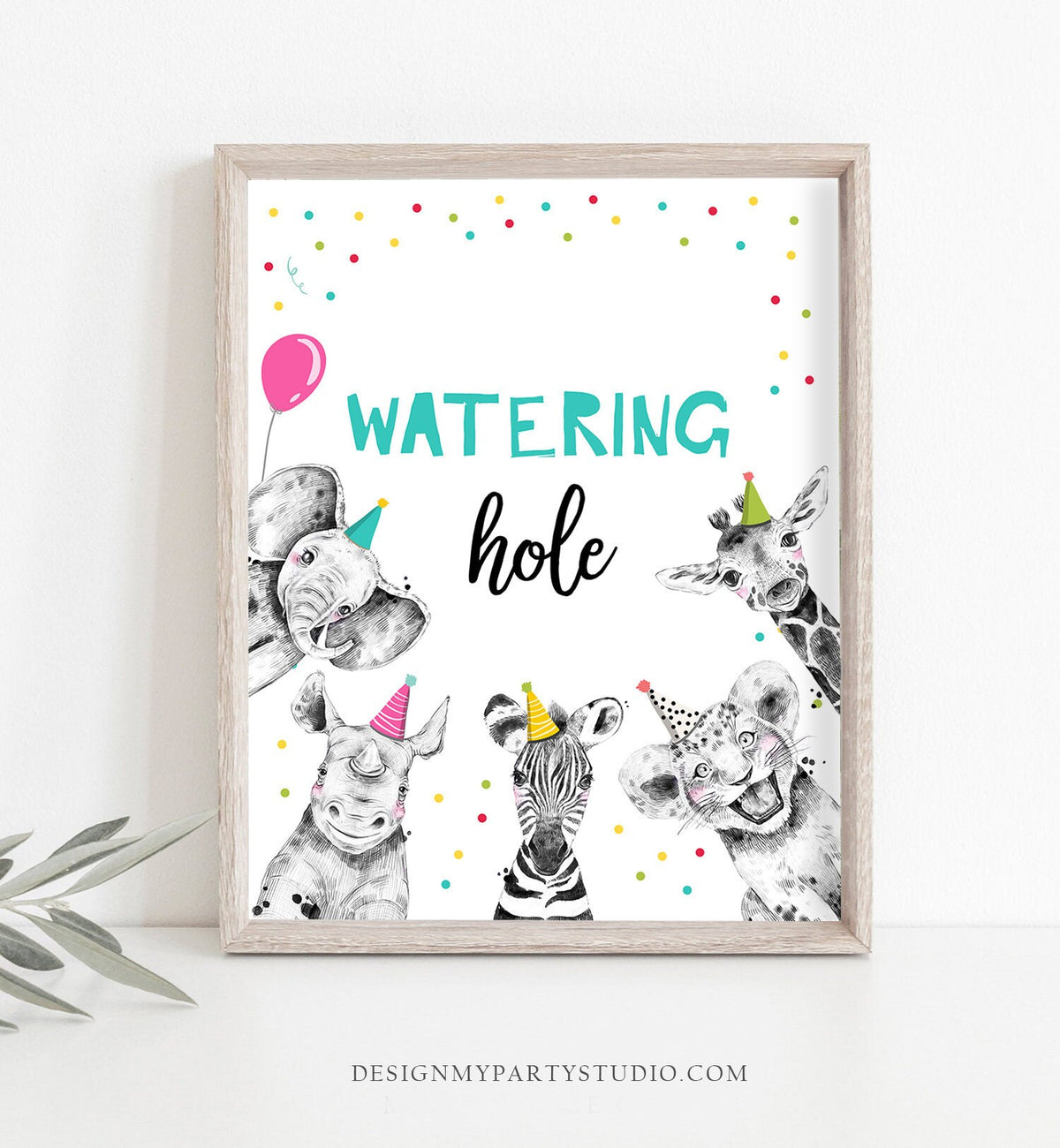Watering Hole Sign Party Animals Drinks Table Decor Safari Animals Wild One Pink Girl Zoo Juice Digital Instant Download Printable 0390