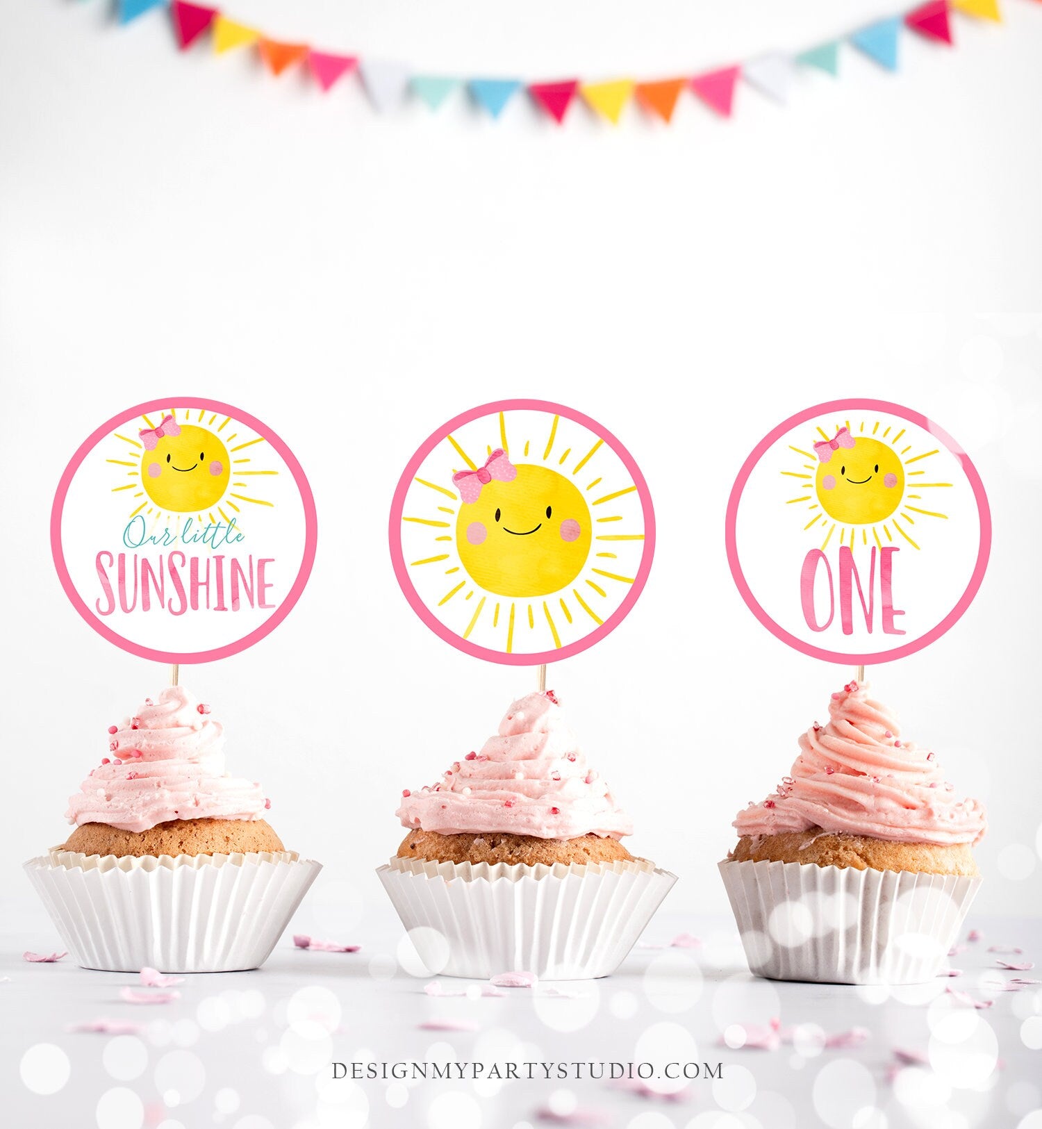 Sunshine Birthday Cupcake Toppers Favor Tags Sunshine Party Little Sunshine Decor Girl Pink 1st Stickers Download Digital PRINTABLE 0141