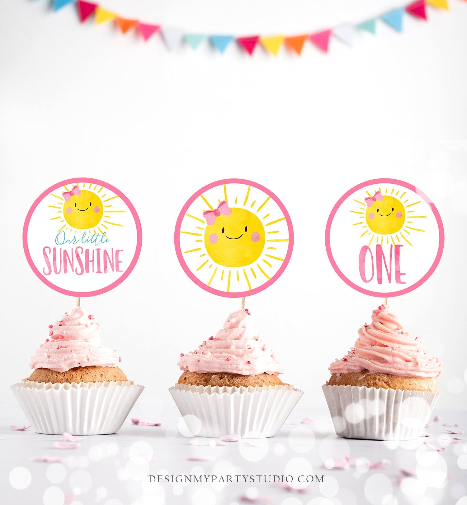 Sunshine Birthday Cupcake Toppers Favor Tags Sunshine Party Little Sunshine Decor Girl Pink 1st Stickers Download Digital PRINTABLE 0141