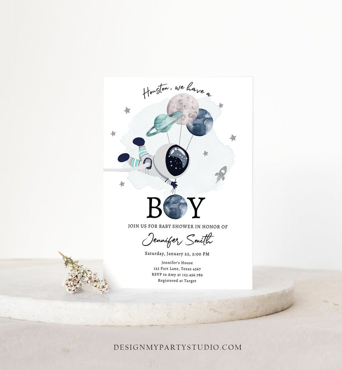 Editable Space Astronaut Baby Shower Invitation Galaxy Houston It&#39;s a Boy Blue Planets Moon Countdown Template Instant Download Corjl 0366