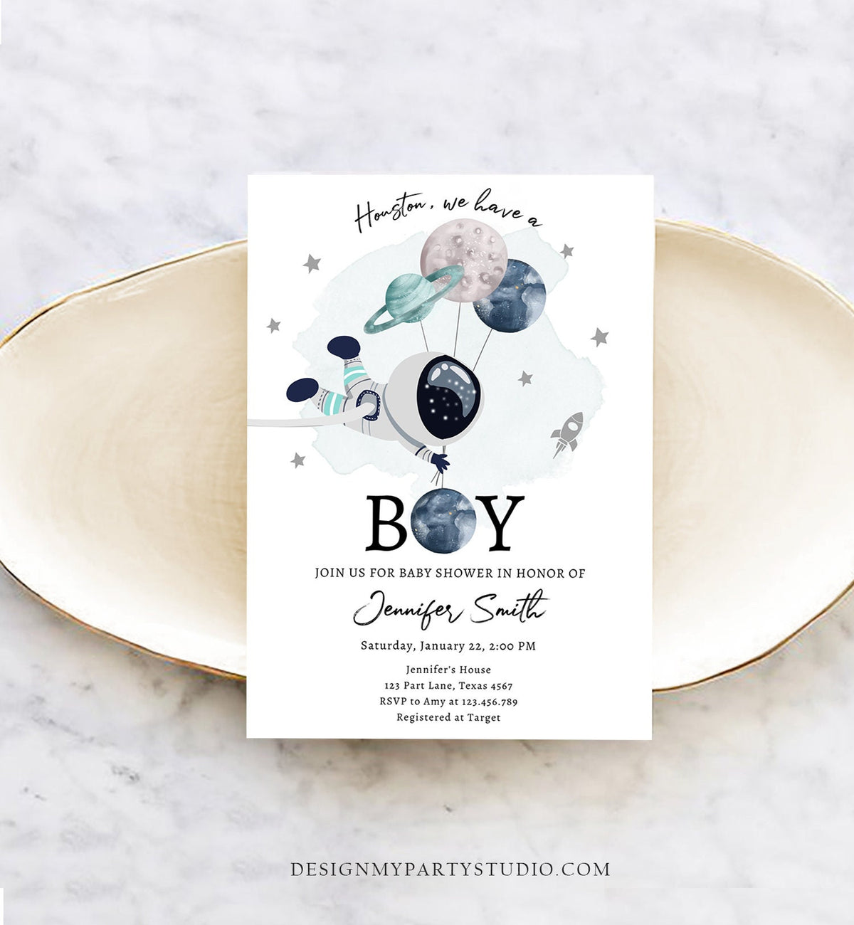 Editable Space Astronaut Baby Shower Invitation Galaxy Houston It&#39;s a Boy Blue Planets Moon Countdown Template Instant Download Corjl 0366