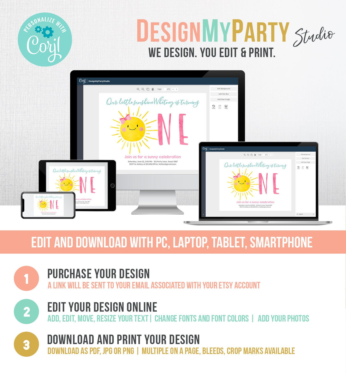 Editable Our Little Sunshine Birthday Invitation Sunshine First Birthday 1st Party Pink Girl Bow Digital Download Template Printable 0141