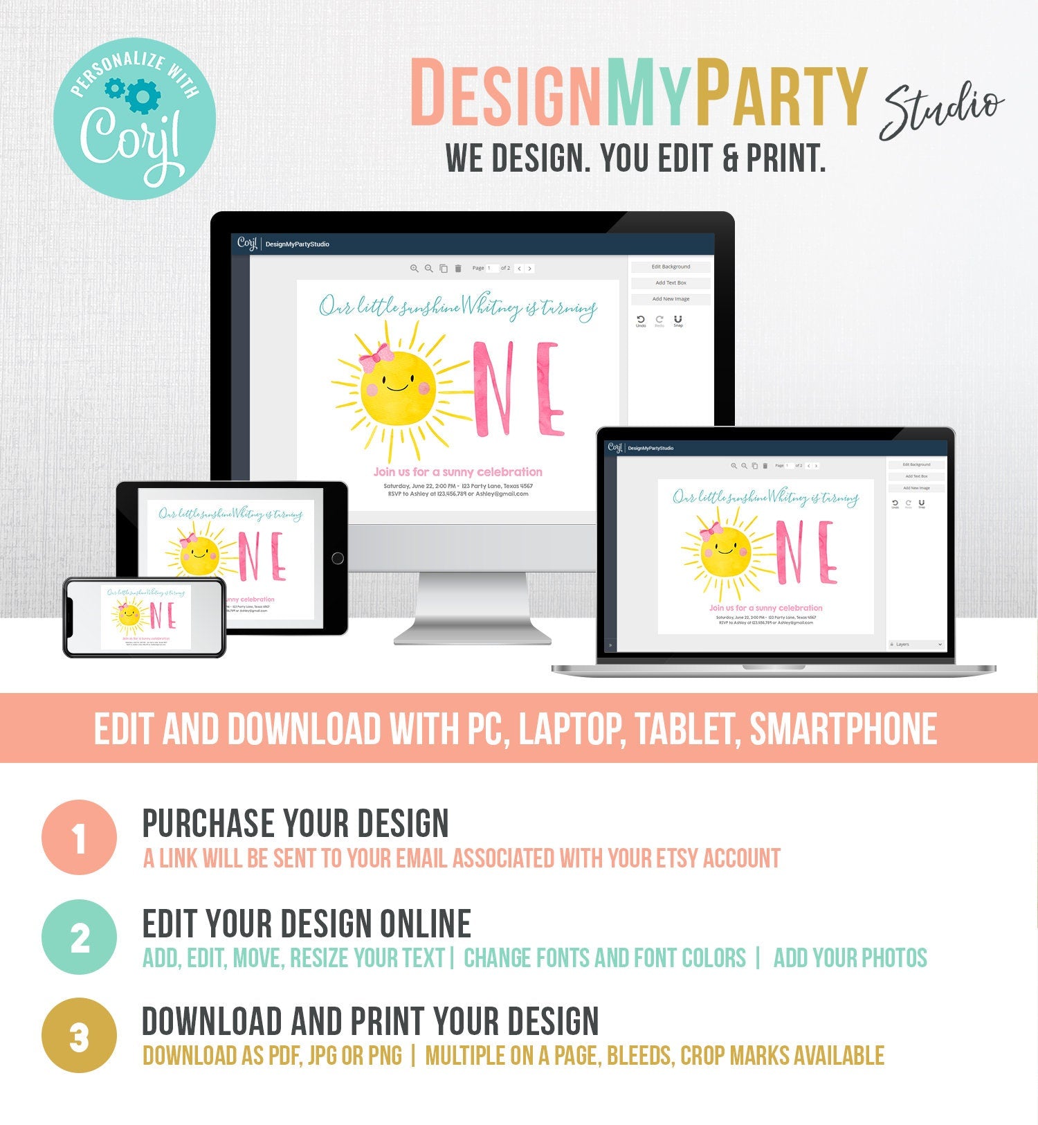 Editable Our Little Sunshine Birthday Invitation Sunshine First Birthday 1st Party Pink Girl Bow Digital Download Template Printable 0141