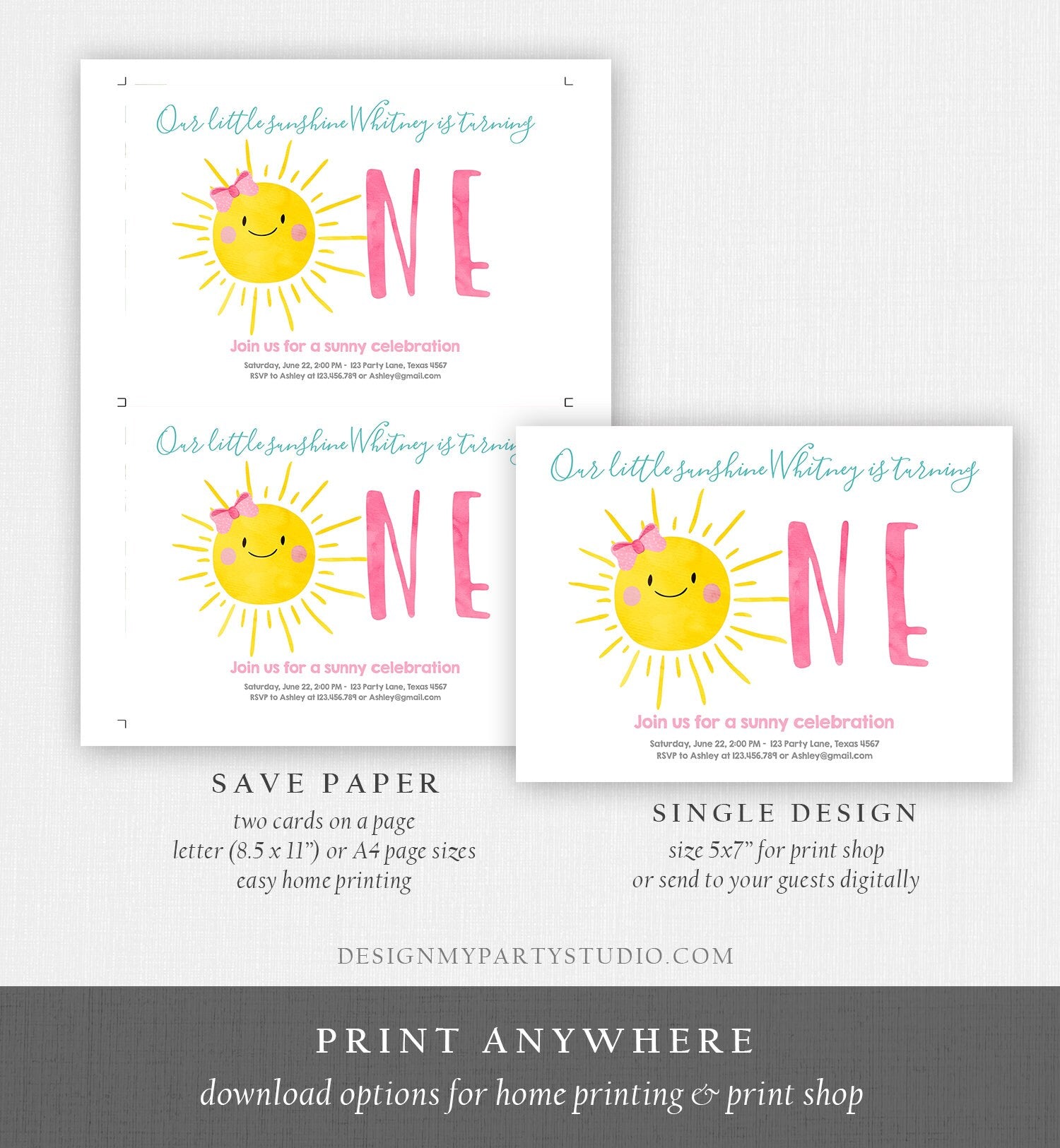Editable Our Little Sunshine Birthday Invitation Sunshine First Birthday 1st Party Pink Girl Bow Digital Download Template Printable 0141