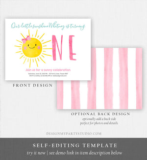 Editable Our Little Sunshine Birthday Invitation Sunshine First Birthday 1st Party Pink Girl Bow Download Corjl Template Printable 0141