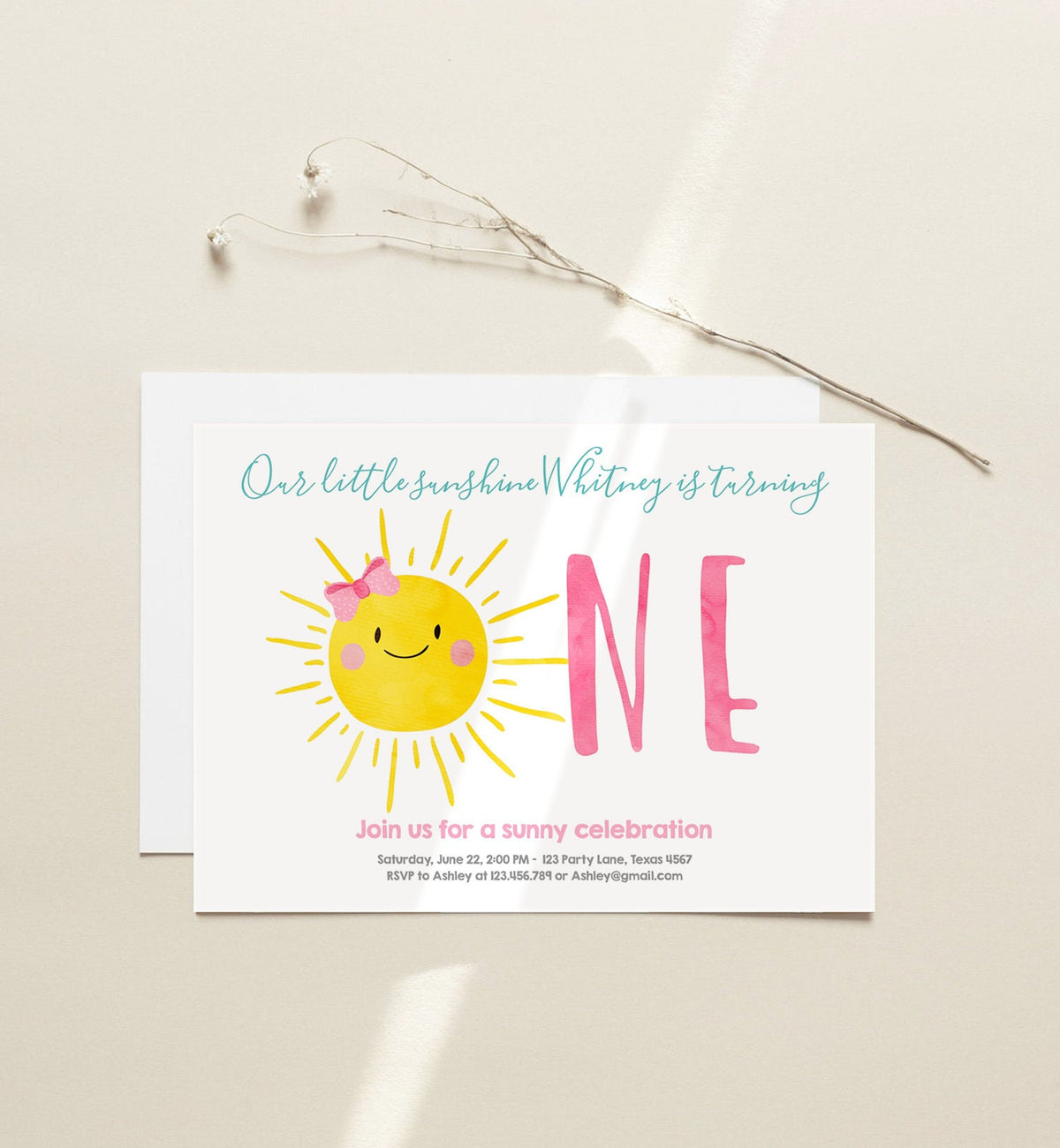 Editable Our Little Sunshine Birthday Invitation Sunshine First Birthday 1st Party Pink Girl Bow Digital Download Template Printable 0141