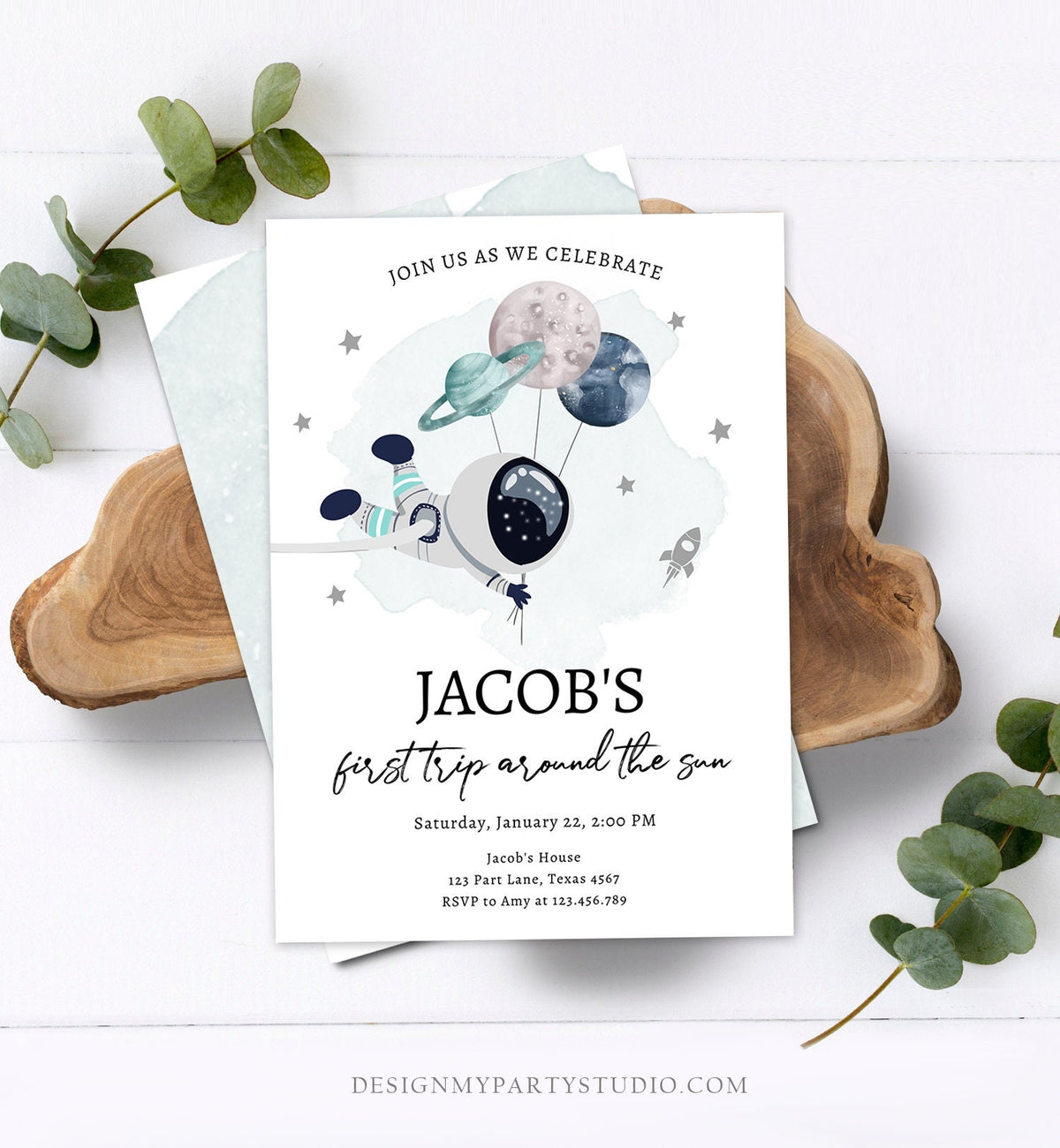 Editable Out of This World Birthday Invitation Outer Space Planets Rocket Ship Galaxy Astronaut Silver Boy Digital Template Printable 0366