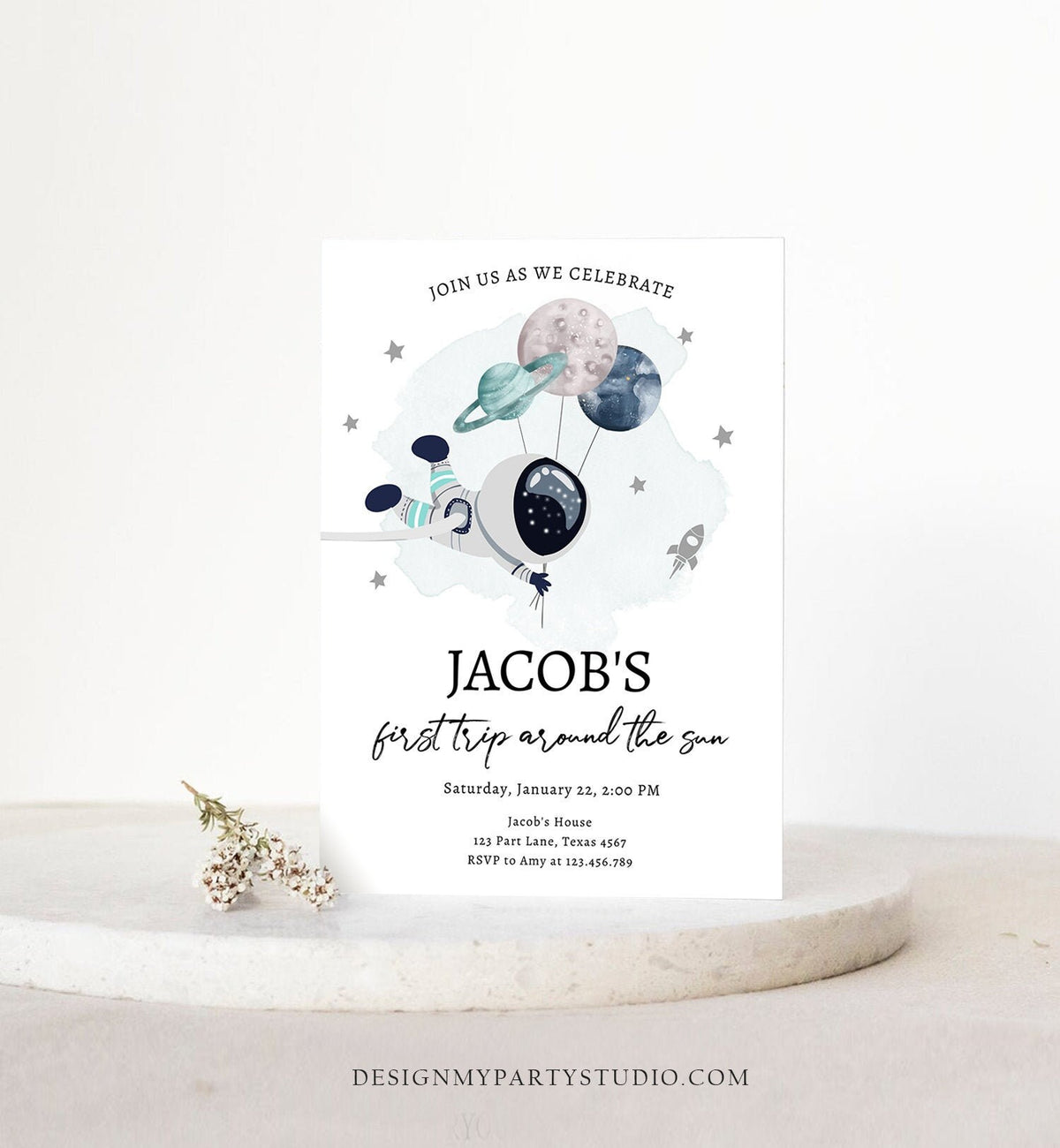 Editable Out of This World Birthday Invitation Outer Space Planets Rocket Ship Galaxy Astronaut Silver Boy Digital Template Printable 0366