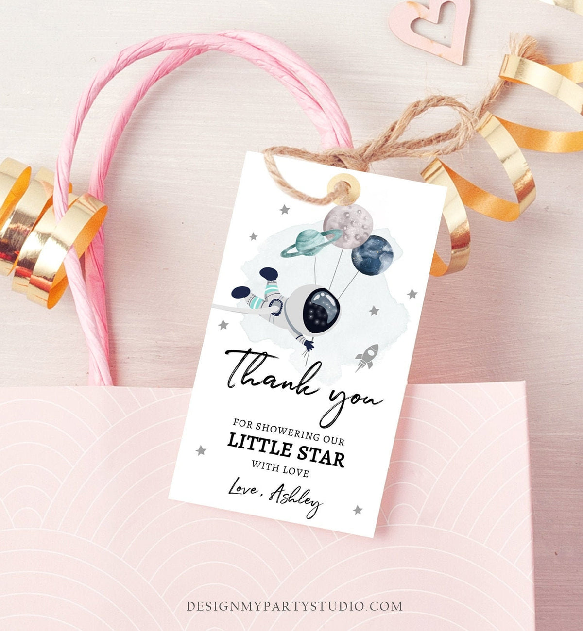 Editable Outer Space Favor Tags Astronaut Baby Shower Thank You Boy Little Star Gift Around Planets Template Corjl PRINTABLE 0366
