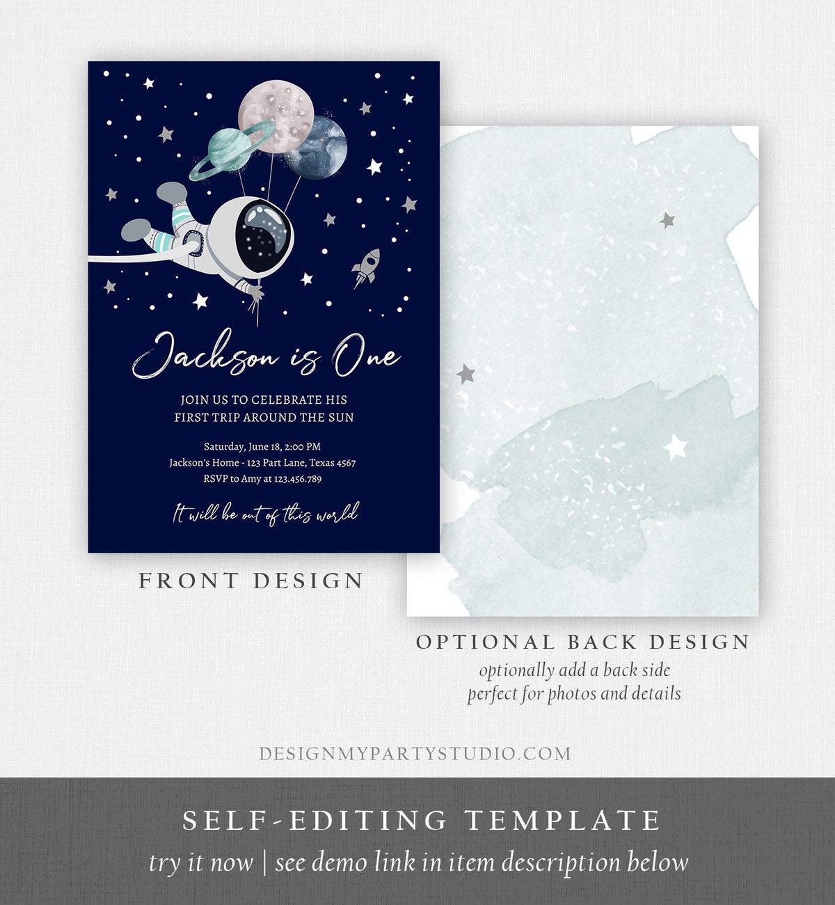 Editable Outer Space Birthday Invitation Out of this World Astronaut Trip Around the Sun Digital Download Evite Template Printable 0366