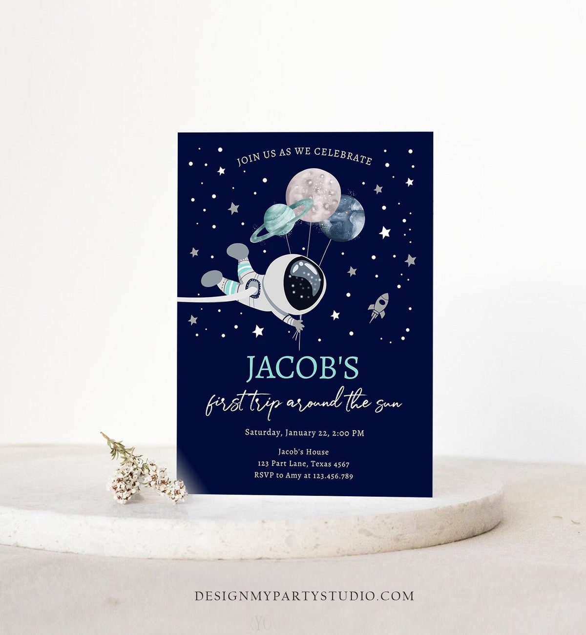 Editable Out of This World Birthday Invitation Outer Space Planets Rocket Ship Galaxy Astronaut Silver Boy Digital Template Printable 0366