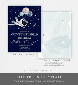 Editable Out of This World Birthday Invitation Outer Space Planets Rocket Ship Galaxy Astronaut Silver Boy Corjl Template Printable 0366