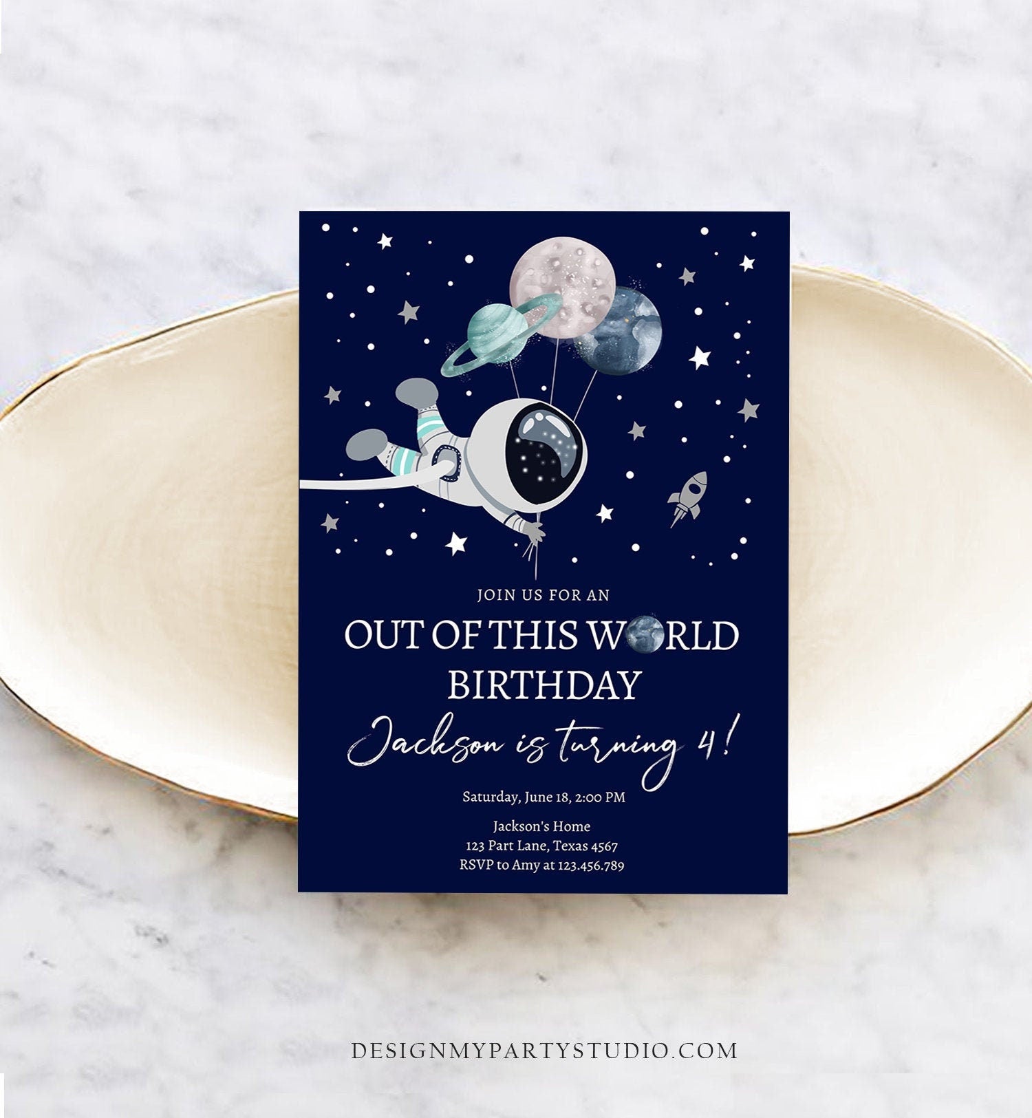 Editable Out of This World Birthday Invitation Outer Space Planets Rocket Ship Galaxy Astronaut Silver Boy Digital Template Printable 0366