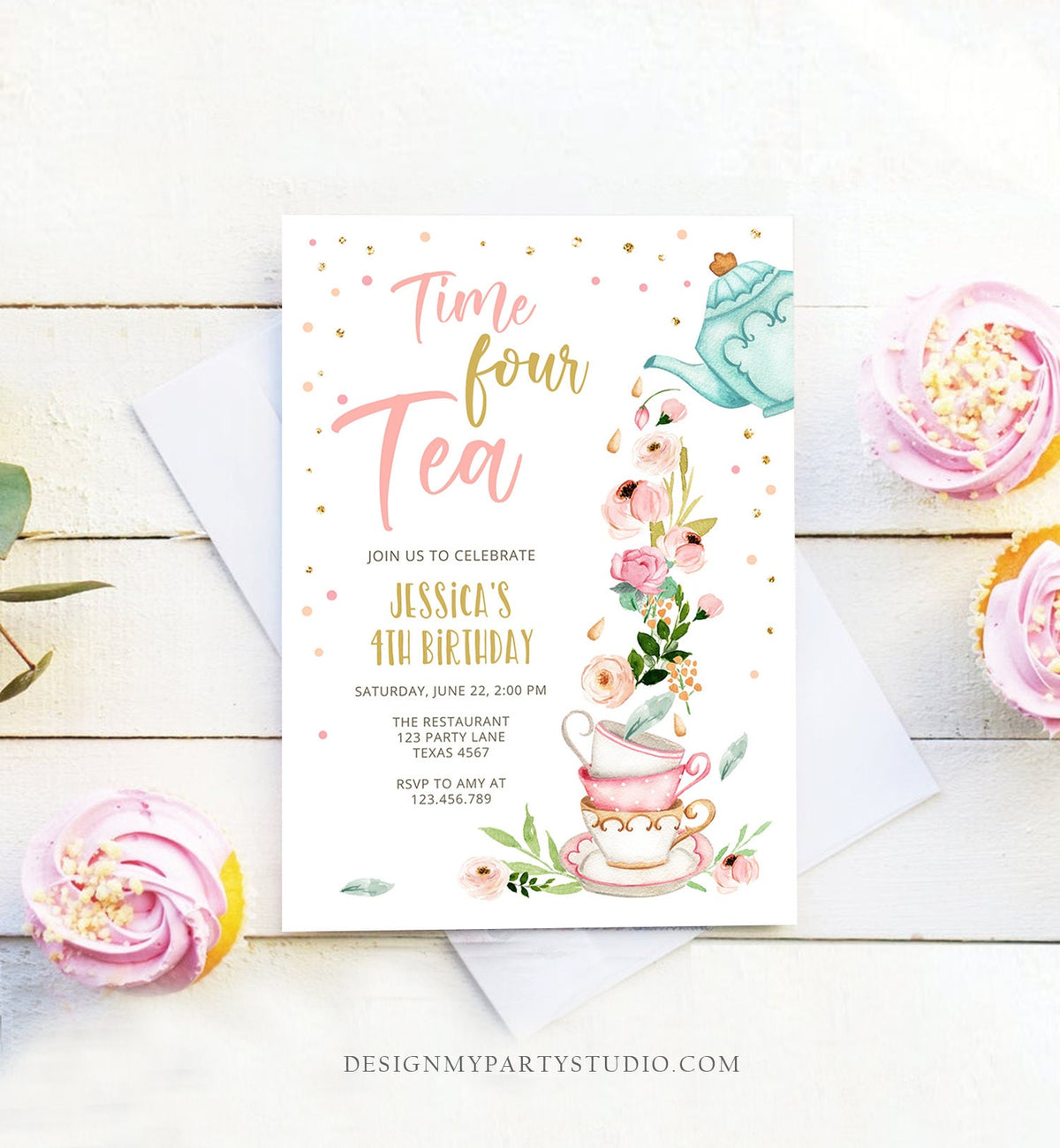 Editable Tea Party Birthday Invitation Four Par-Tea Birthday Invite Pink Gold Floral 4th Download Printable Template Corjl Digital 0349