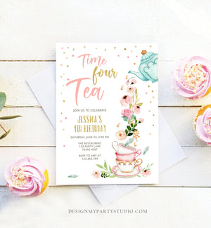Editable Tea Party Birthday Invitation Four Par-Tea Birthday Invite Pink Gold Floral 4th Download Printable Template Corjl Digital 0349