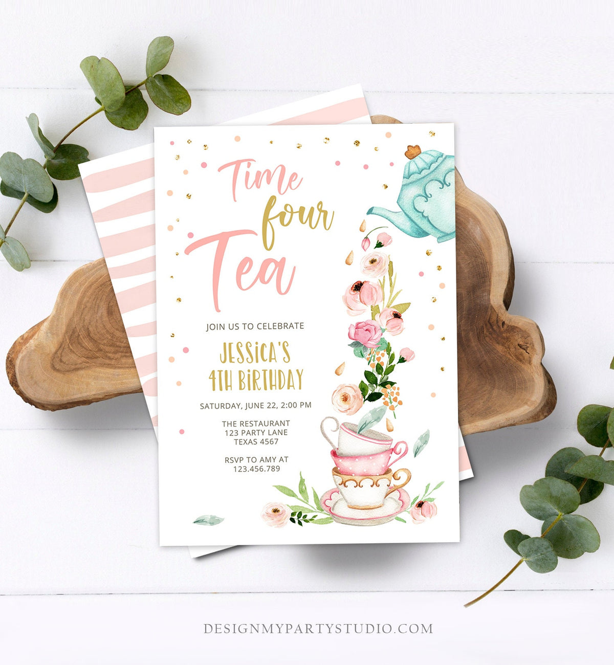 Editable Tea Party Birthday Invitation Four Par-Tea Birthday Invite Pink Gold Floral 4th Download Printable Template Corjl Digital 0349