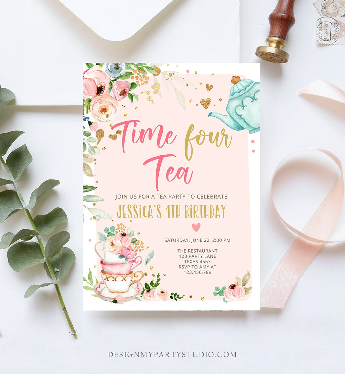 Editable Tea Party Birthday Invitation Four Par-Tea Birthday Invite Pink Gold Floral 4th Download Printable Template Corjl Digital 0349