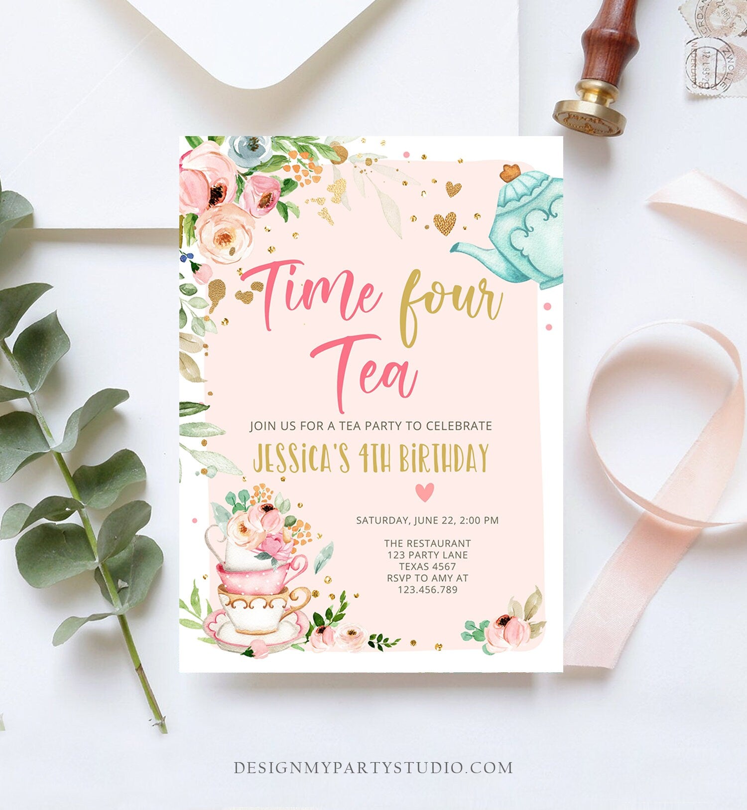 Editable Tea Party Birthday Invitation Four Par-Tea Birthday Invite Pink Gold Floral 4th Download Printable Template Corjl Digital 0349