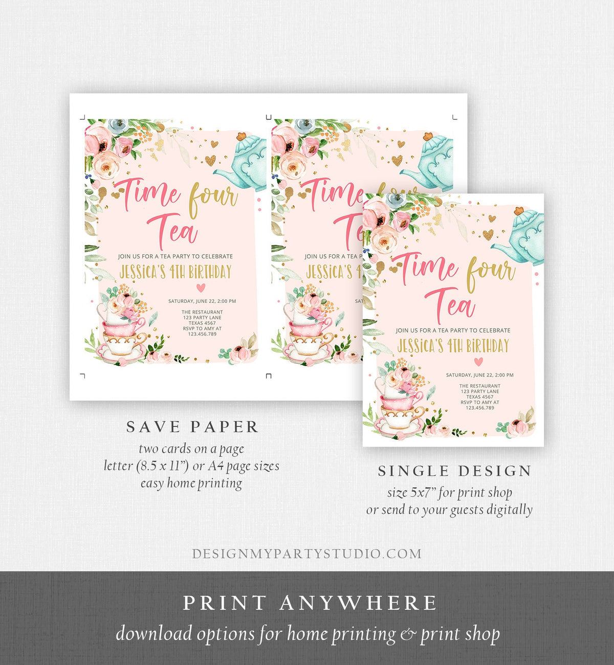 Editable Tea Party Birthday Invitation Four Par-Tea Birthday Invite Pink Gold Floral 4th Download Printable Template Corjl Digital 0349