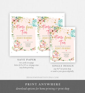Editable Tea Party Birthday Invitation Four Par-Tea Birthday Invite Pink Gold Floral 4th Download Printable Template Corjl Digital 0349