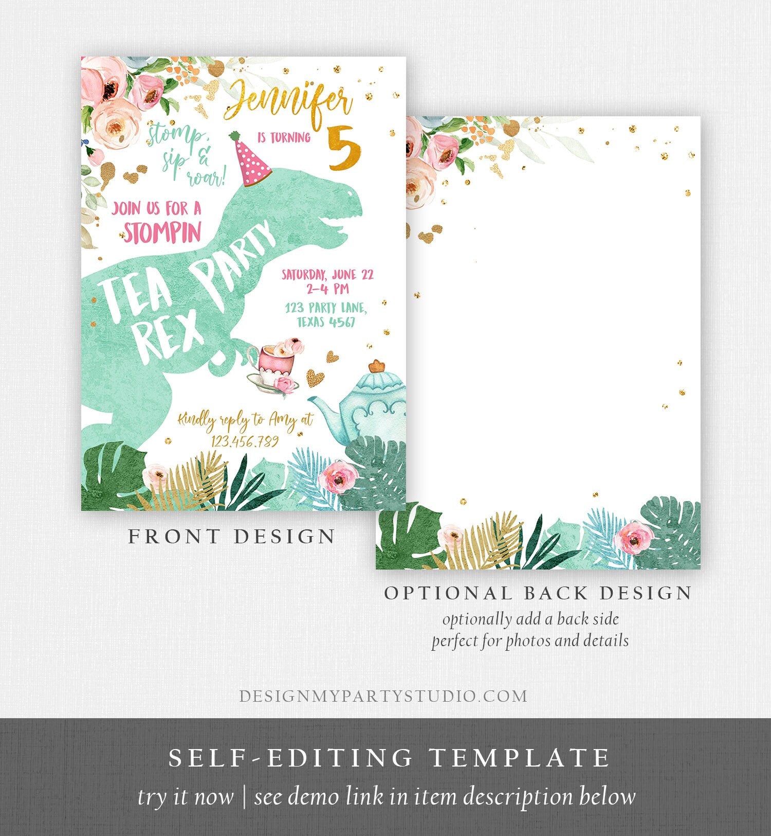 Editable Dinosaur Tea Party Invitation Tea Rex Birthday Par-Tea Pink Mint Gold Floral Tea Rex Download Printable Template Evite Digital 0400