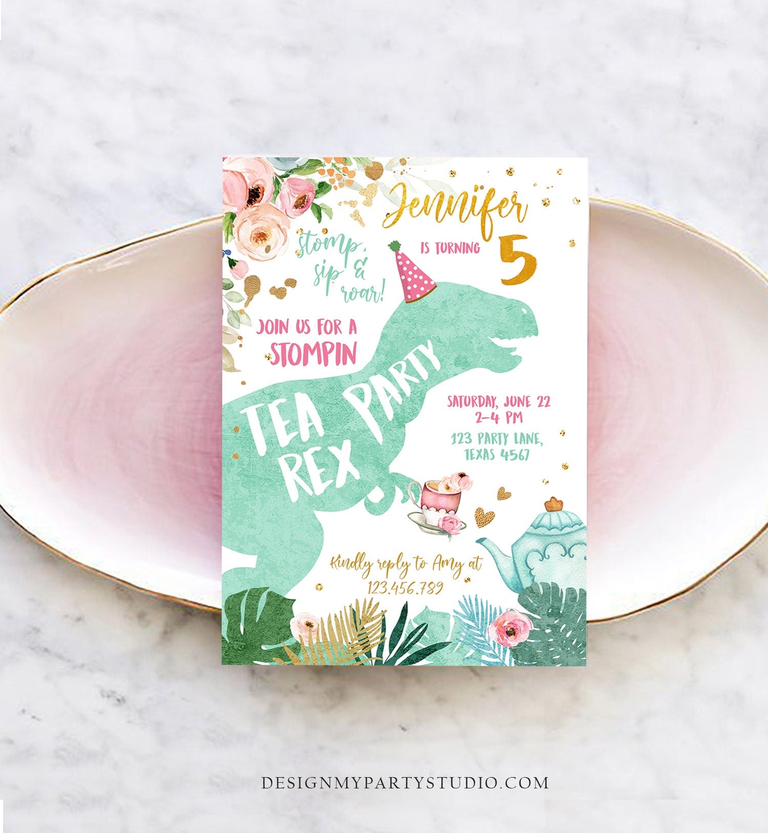 Editable Dinosaur Tea Party Invitation Tea Rex Birthday Par-Tea Pink Mint Gold Floral Tea Rex Download Printable Template Evite Digital 0400