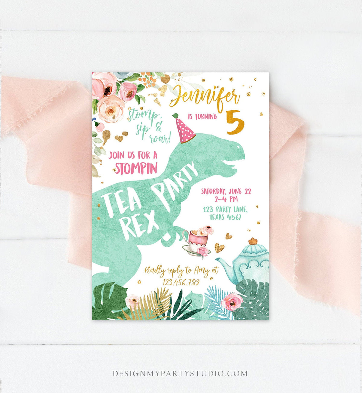 Editable Dinosaur Tea Party Invitation Tea Rex Birthday Par-Tea Pink Mint Gold Floral Tea Rex Download Printable Template Evite Digital 0400