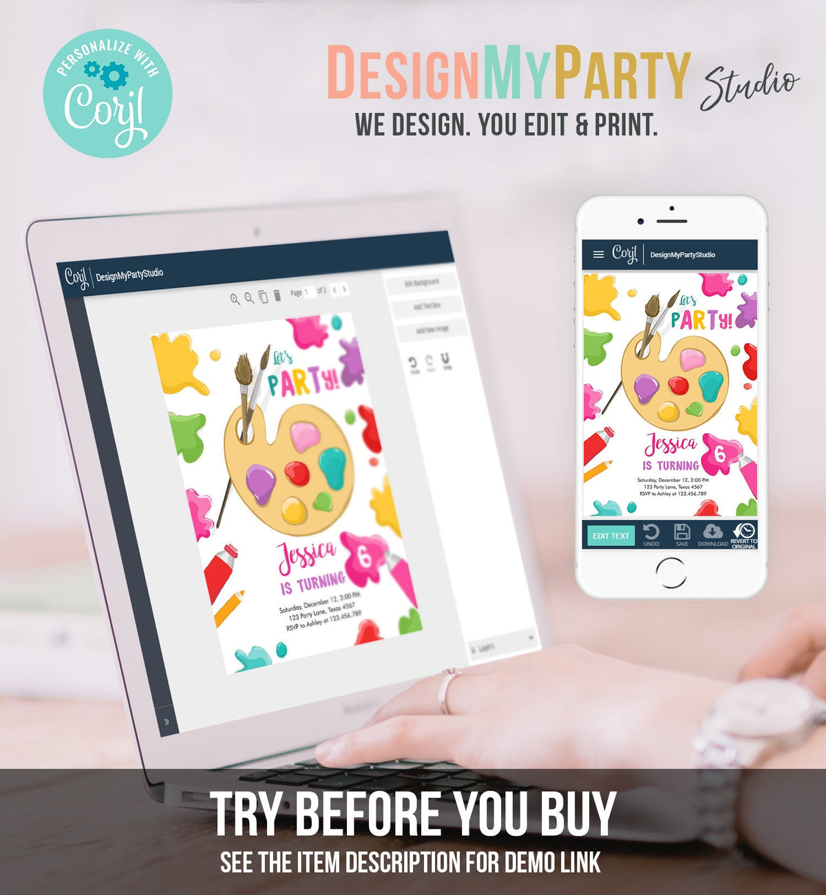 Editable Painting Party Invitation Art Party Birthday Invite Girl Pink Paint Craft Party Download Printable Template Digital Corjl 0319