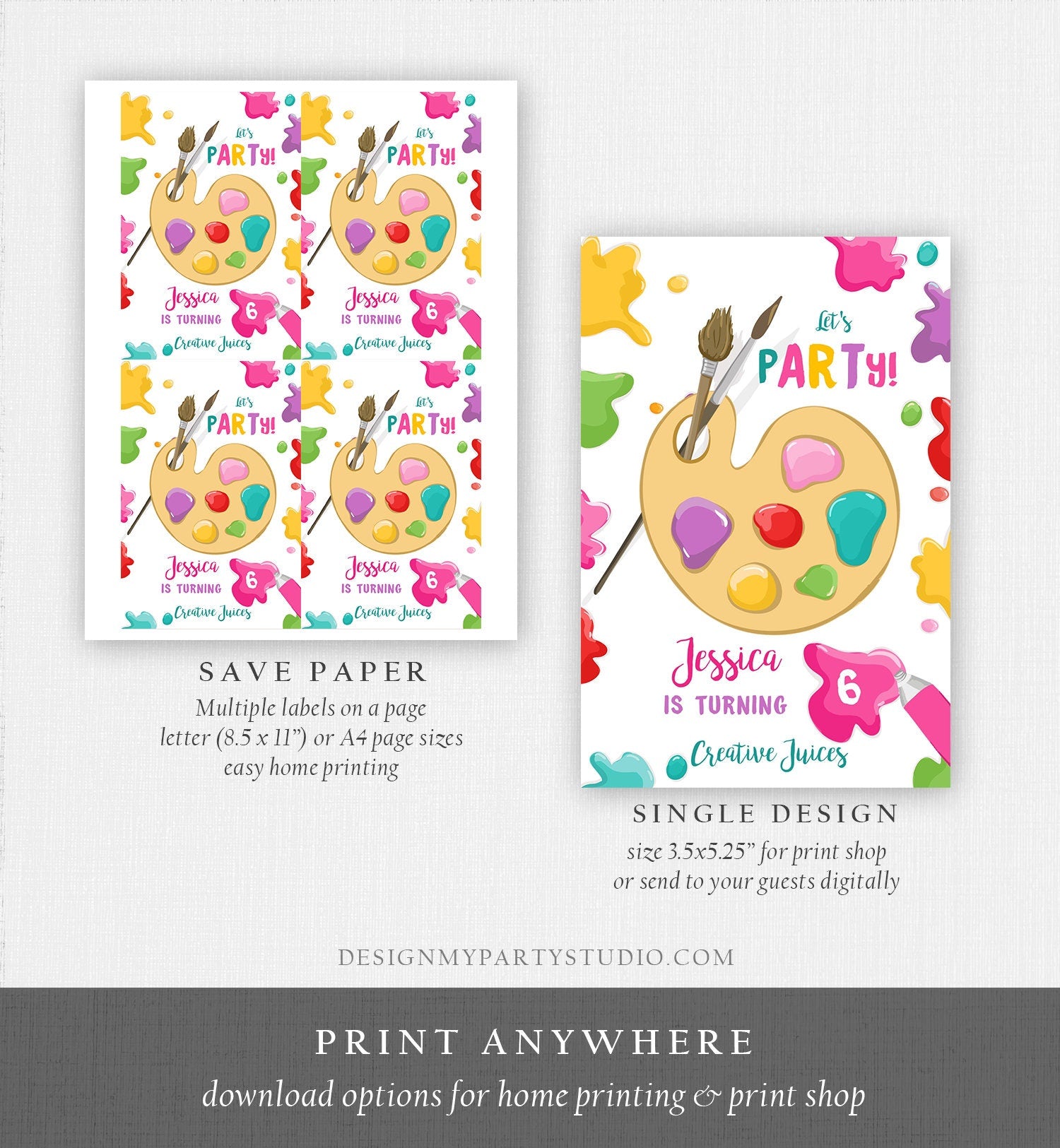 Editable Art Party Birthday Juice Pouch Label Juice Favors Girl Birthday Decor Paint Party Digital Download Template Printable 0319