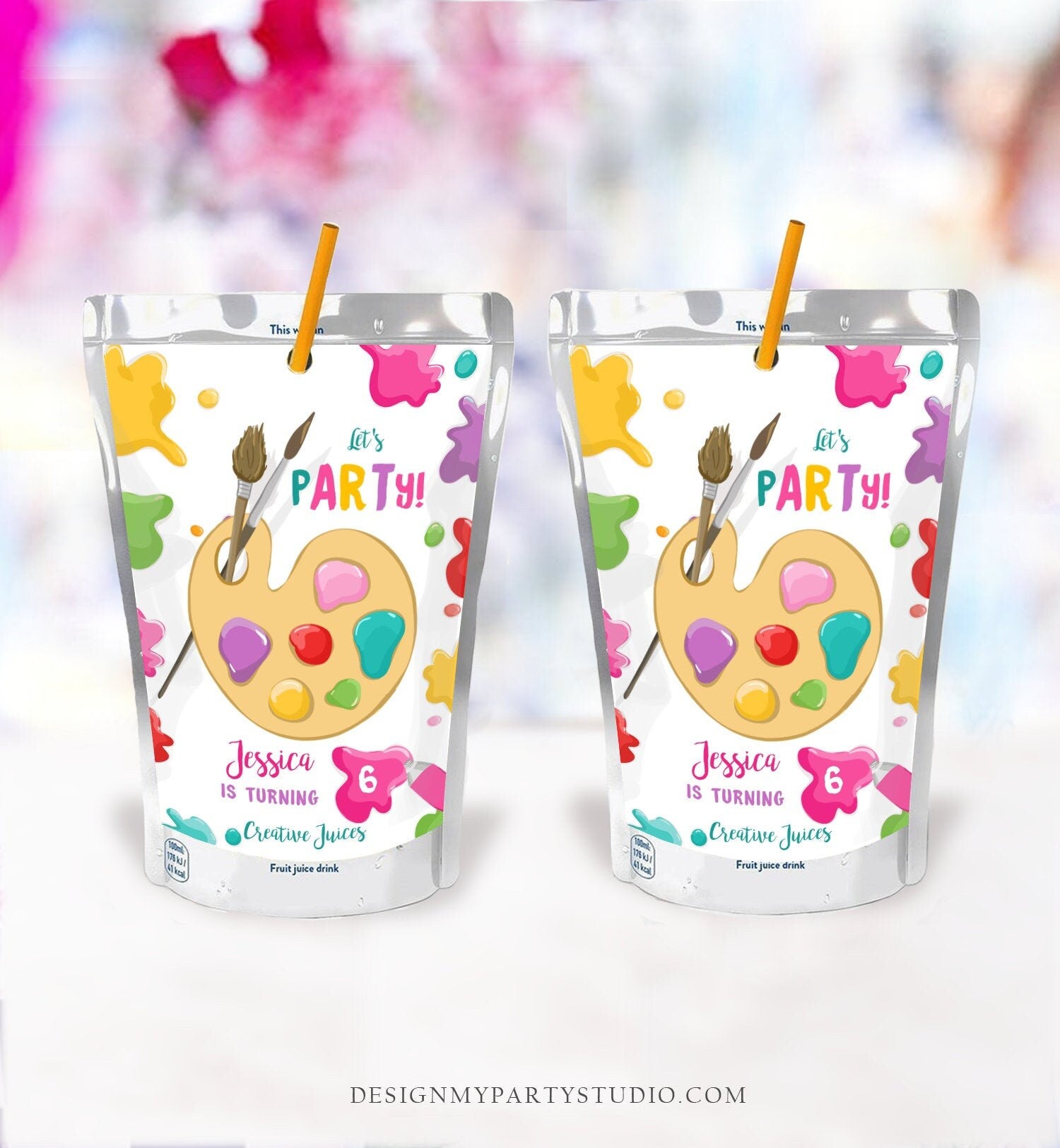 Editable Art Party Birthday Juice Pouch Label Juice Favors Girl Birthday Decor Paint Party Digital Download Template Printable 0319