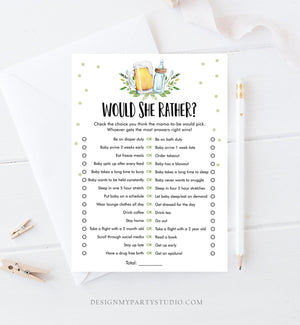 Editable Would She Rather Baby Shower Game Greenery Baby is Brewing Gender Neutral Activity Beer Bottle Corjl Template Printable 0190