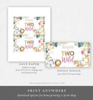 Editable Two Wild Safari Animals Birthday Gable Gift Box Labels Watercolor Party Animals Girl Pink Second Birthday 2nd Digital Corjl 0163